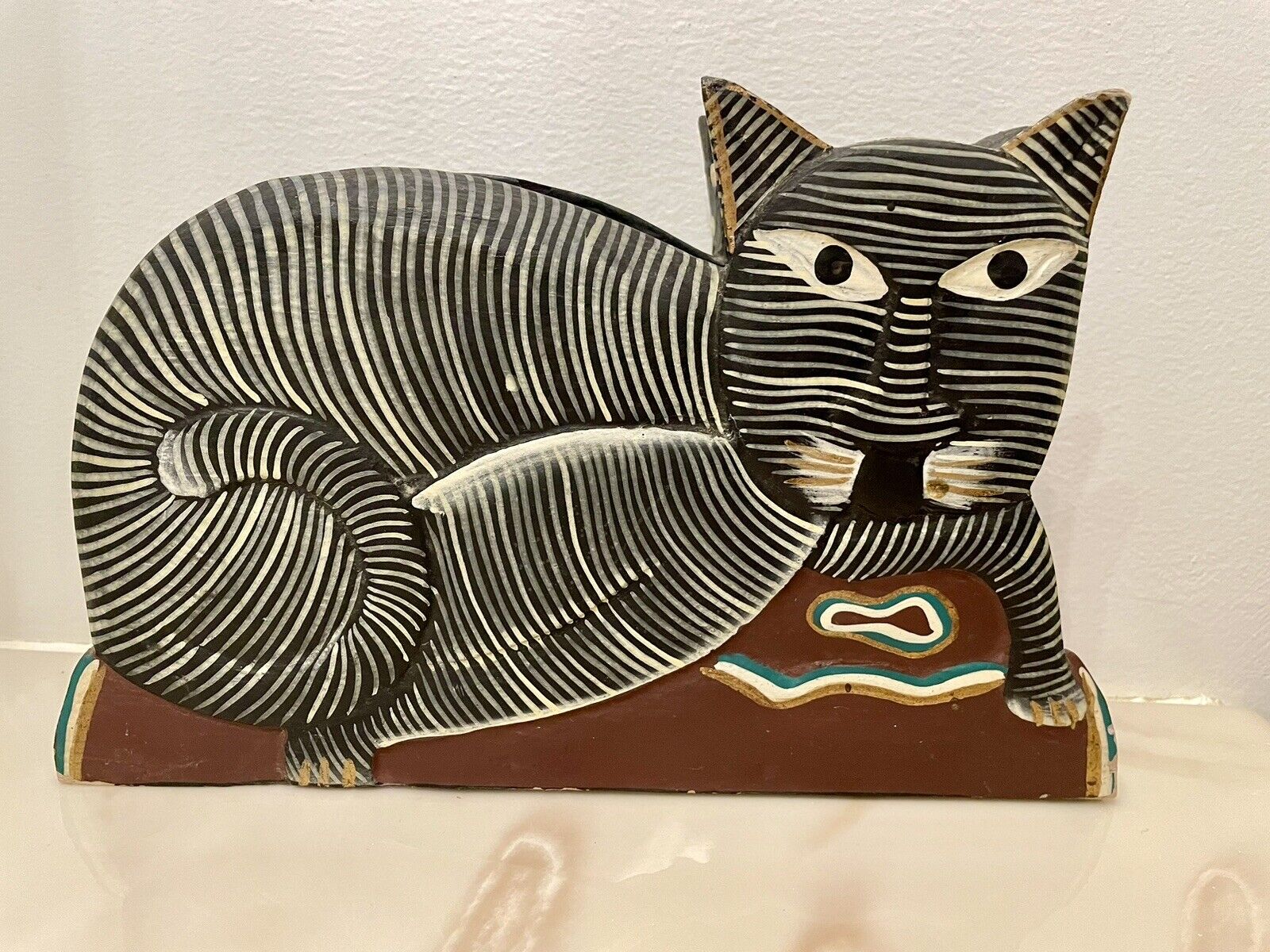 Vintage Laurel Burch Style Cat - Envelope/Mail Napkin Holder - Hand Painted Wood