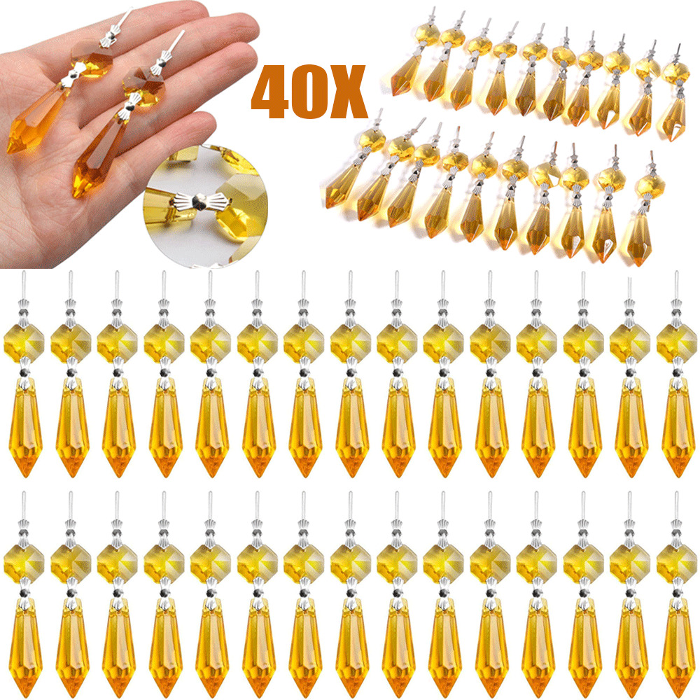 40Pack Yellow Chandelier Lamp Crystal Icicle Prisms Bead Hanging Pendant DIY USA