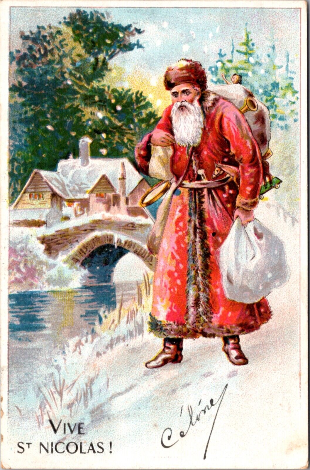 Christmas PC Saint Nicolas Walking Through Snow Carrying Bags of Toys Santa