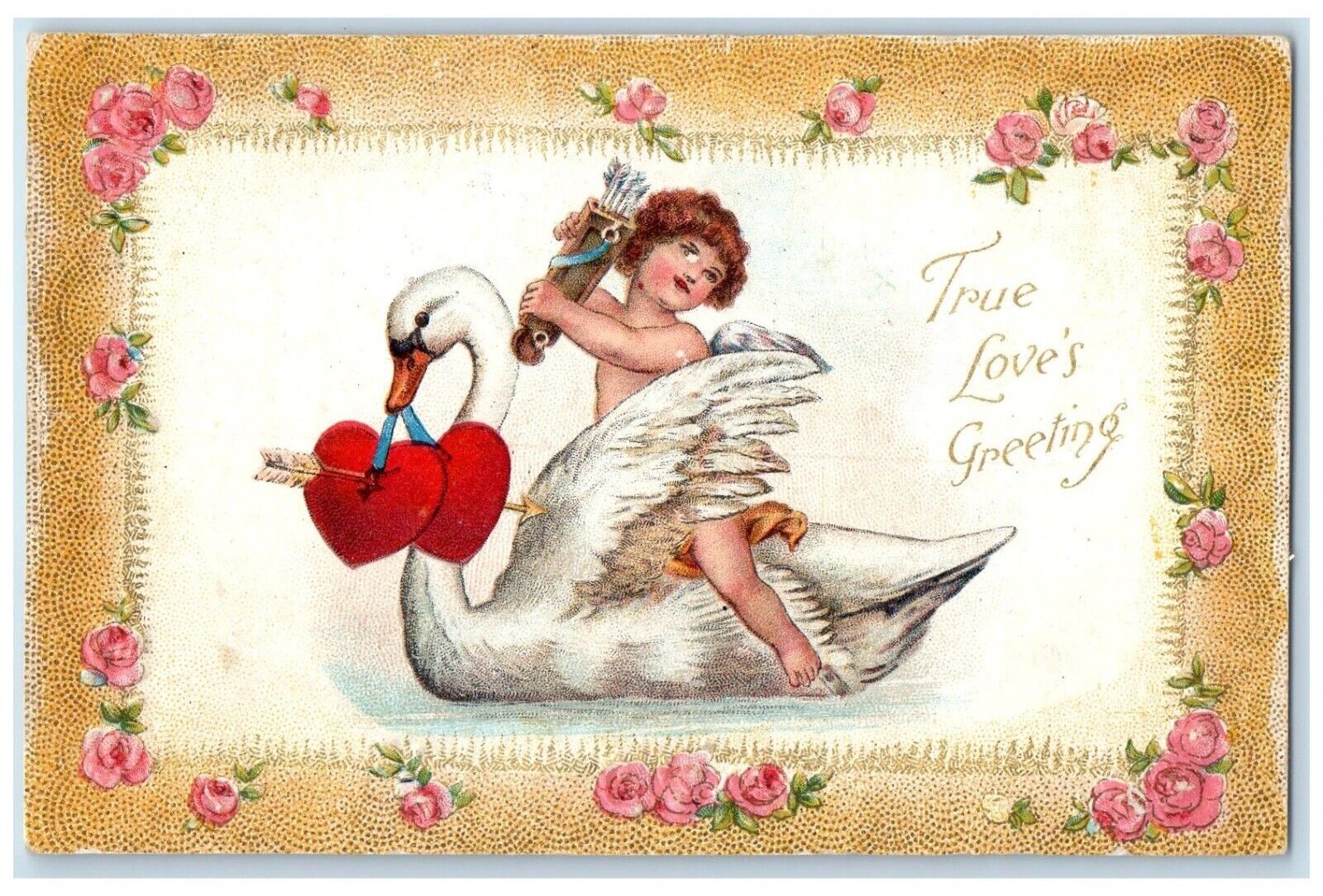 c1910\'s Love Greetings Cupid Angel Riding Swan With Hearts Canada Postcard