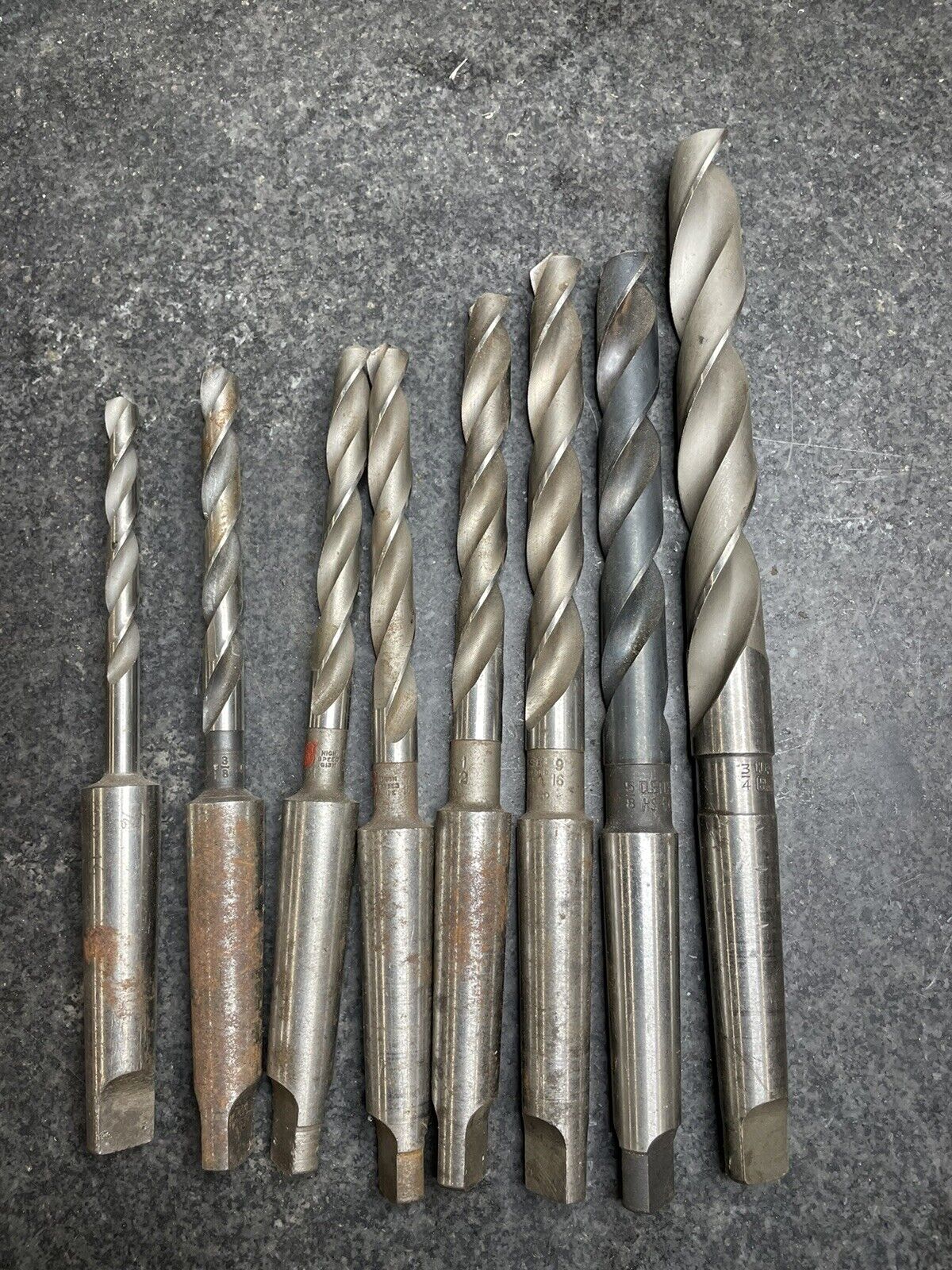 Number 2 morse taper drill bits 5/16” 3/8” 13/32” 7/16” 1/2” 9/16” 5/8”  3/4”