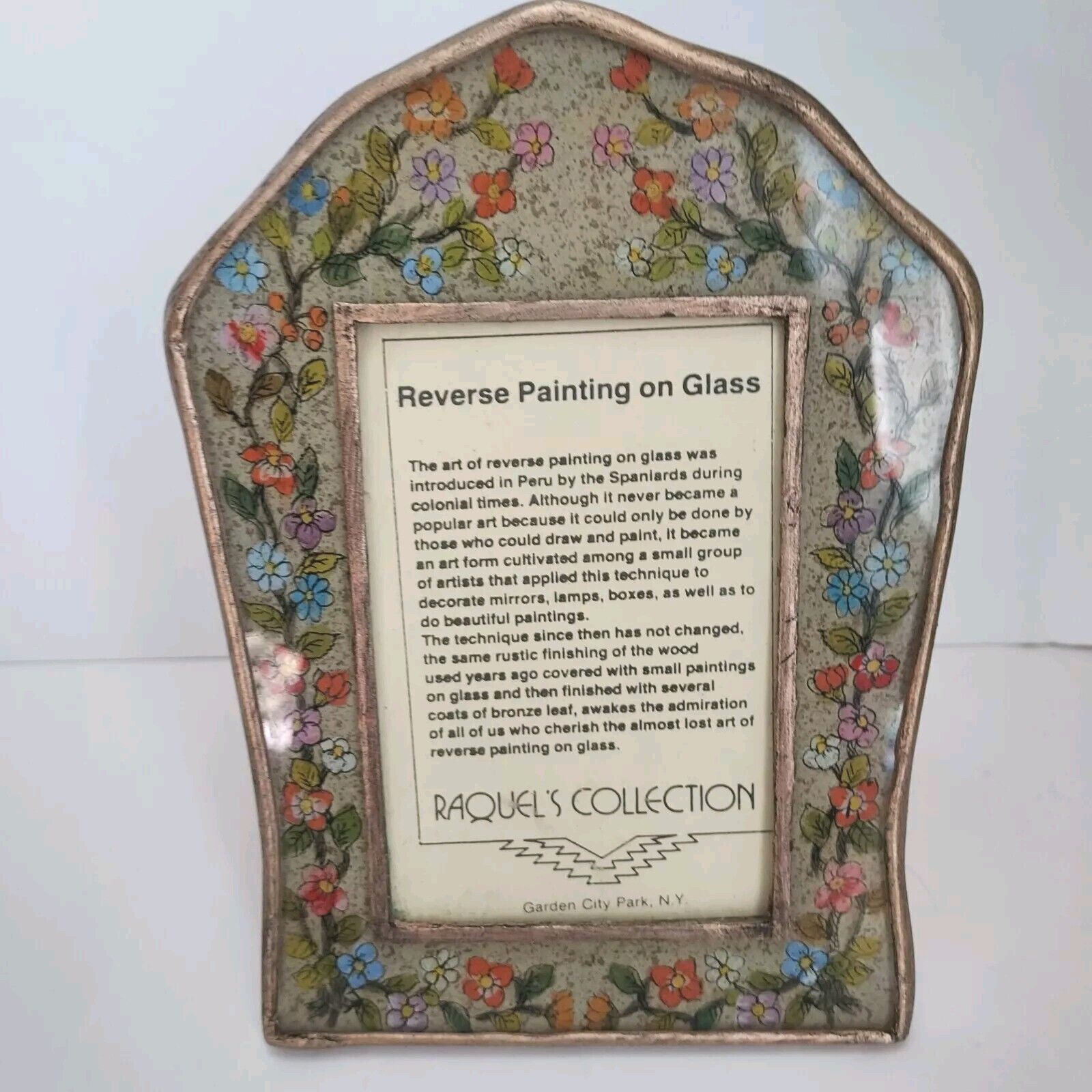 Vtg. Floral Reverse Painting On Glass Raquel\'s Collection Frame Hand Made Peru