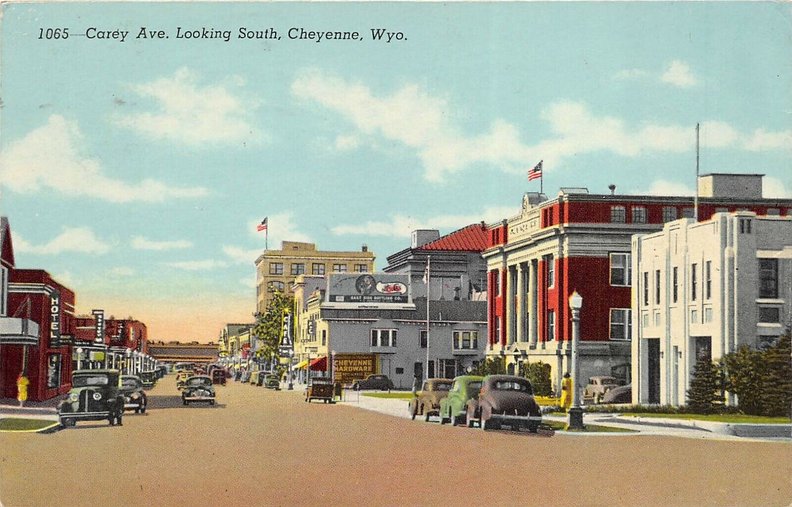 Cheyenne Wyoming 1953 Postcard Carey Avenue Looking South Cars Hotel Hardware