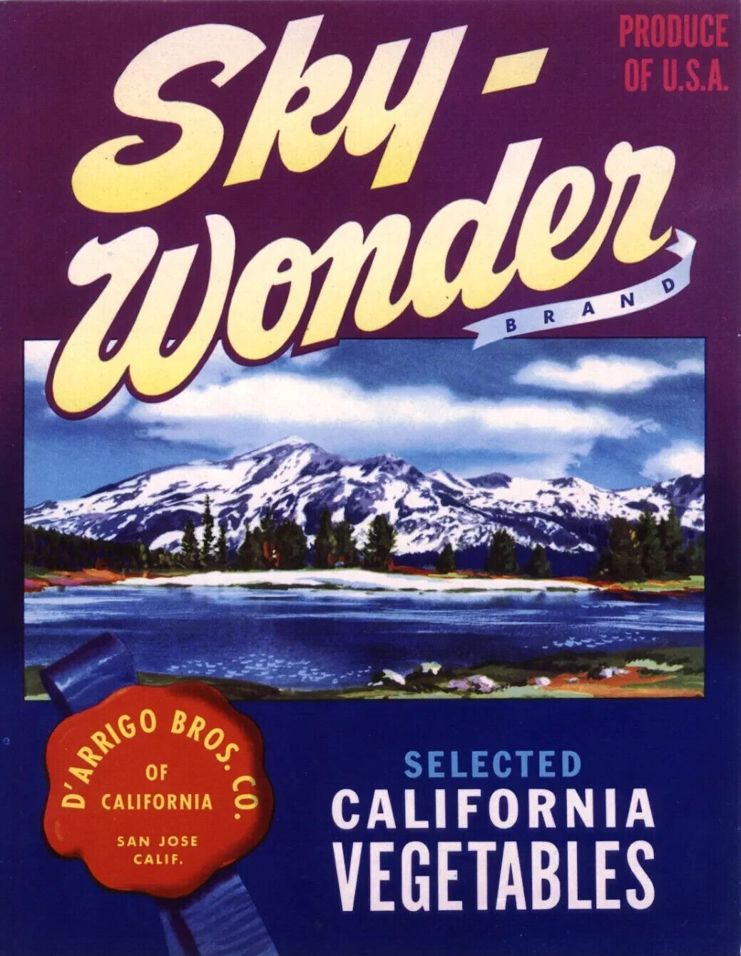 Original SKY-WONDER  San Jose Calif. Vegetable Crate Label 1940\'s