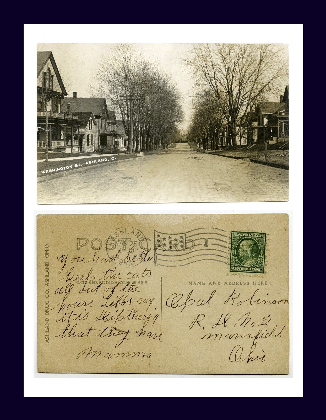 OHIO ASHLAND WASHINGTON ST REAL PHOTO POSTED 1909 TO OPAL ROBINSON, MANSFIELD