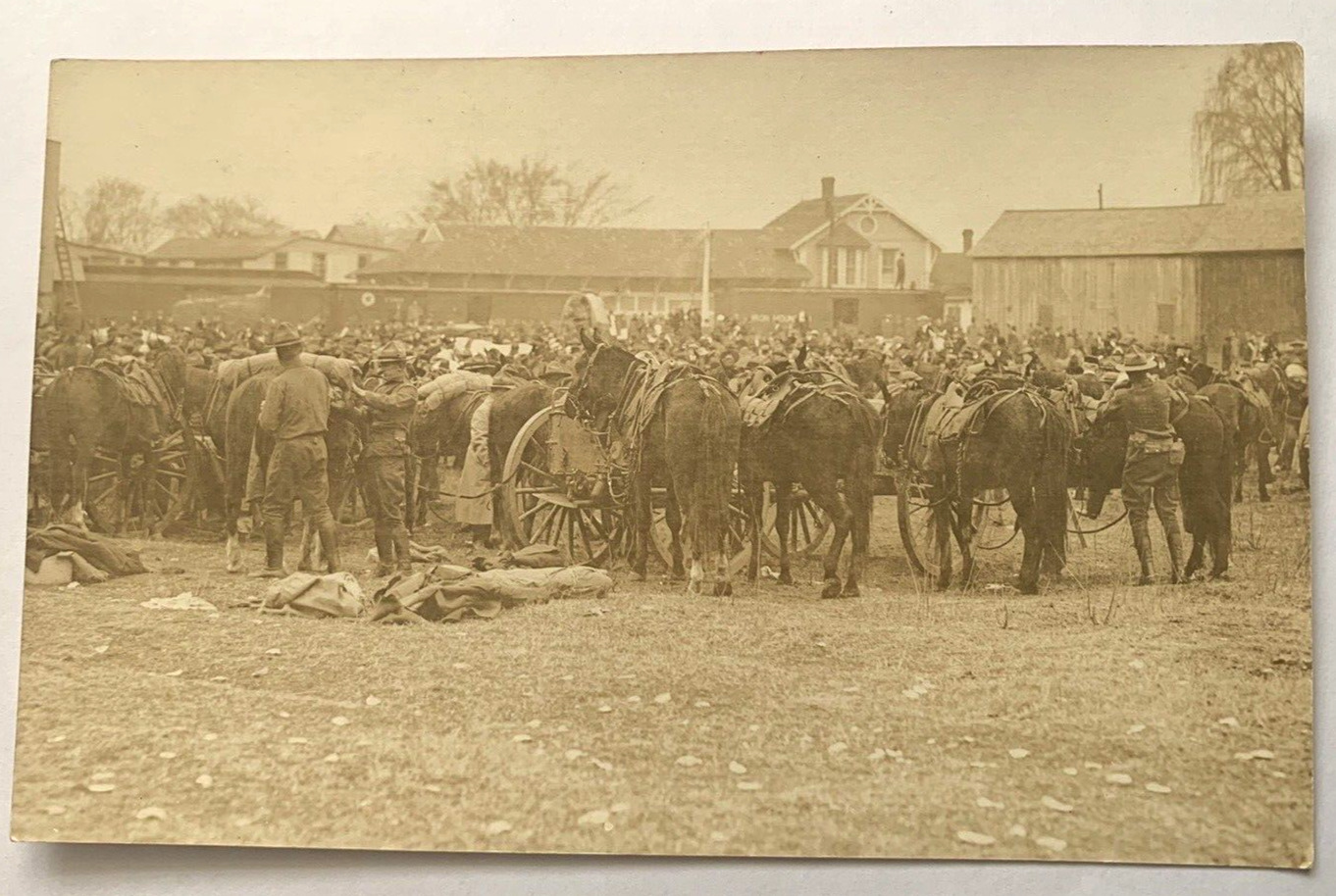 Soldiers Harnessing Horses with Carts WW1? Real Photo Postcard RPPC