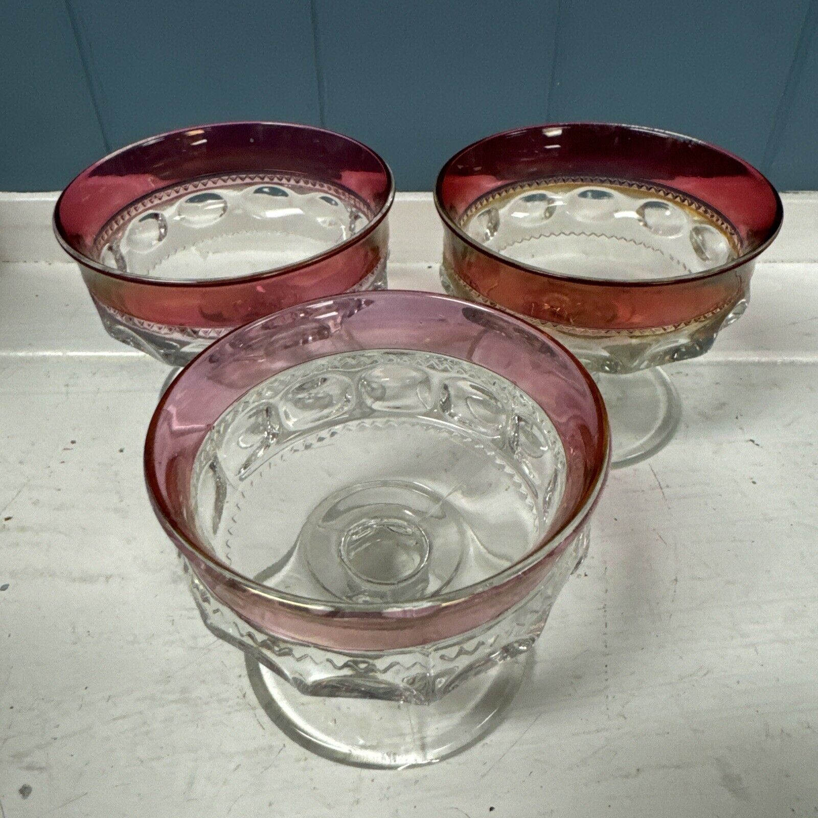 3 Vtg King’s Crown by Tiffin Glass Thumbprint Ruby Flashed Sherbet Sundaes