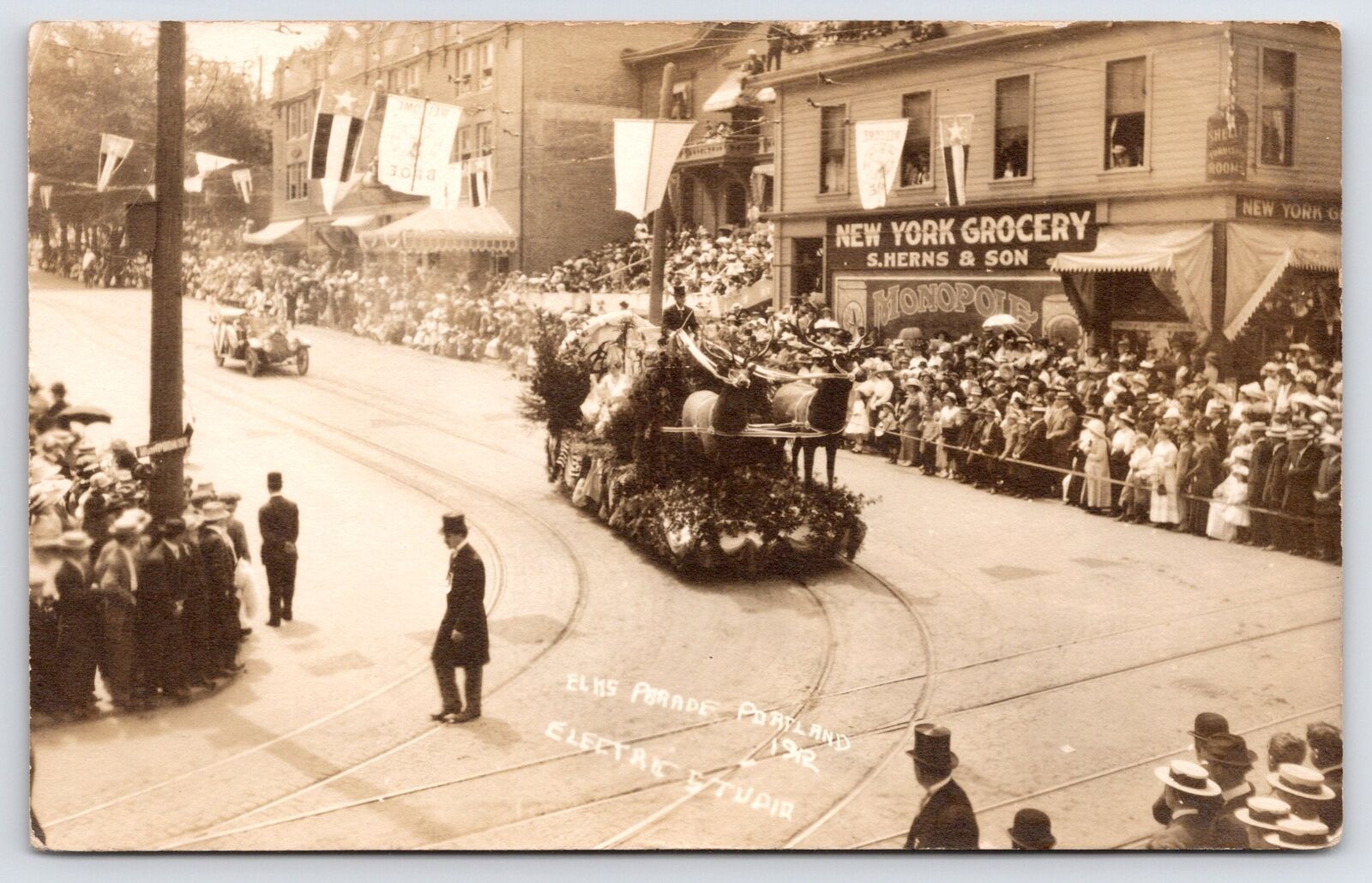 Portland OR~Faux Reindeer Drawn Float RPPC Elks Parade~NY Grocery~Monopole 1912