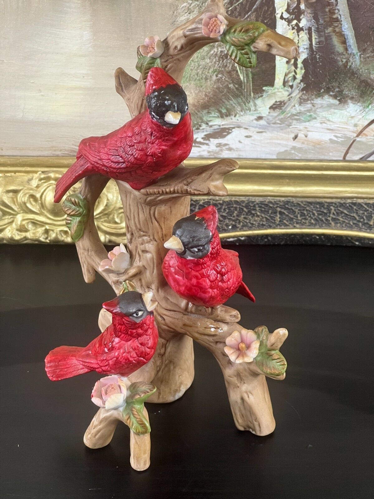 VINTAGE Porcelain Red Cardinals Figurine On A Cherry Blossom Tree.