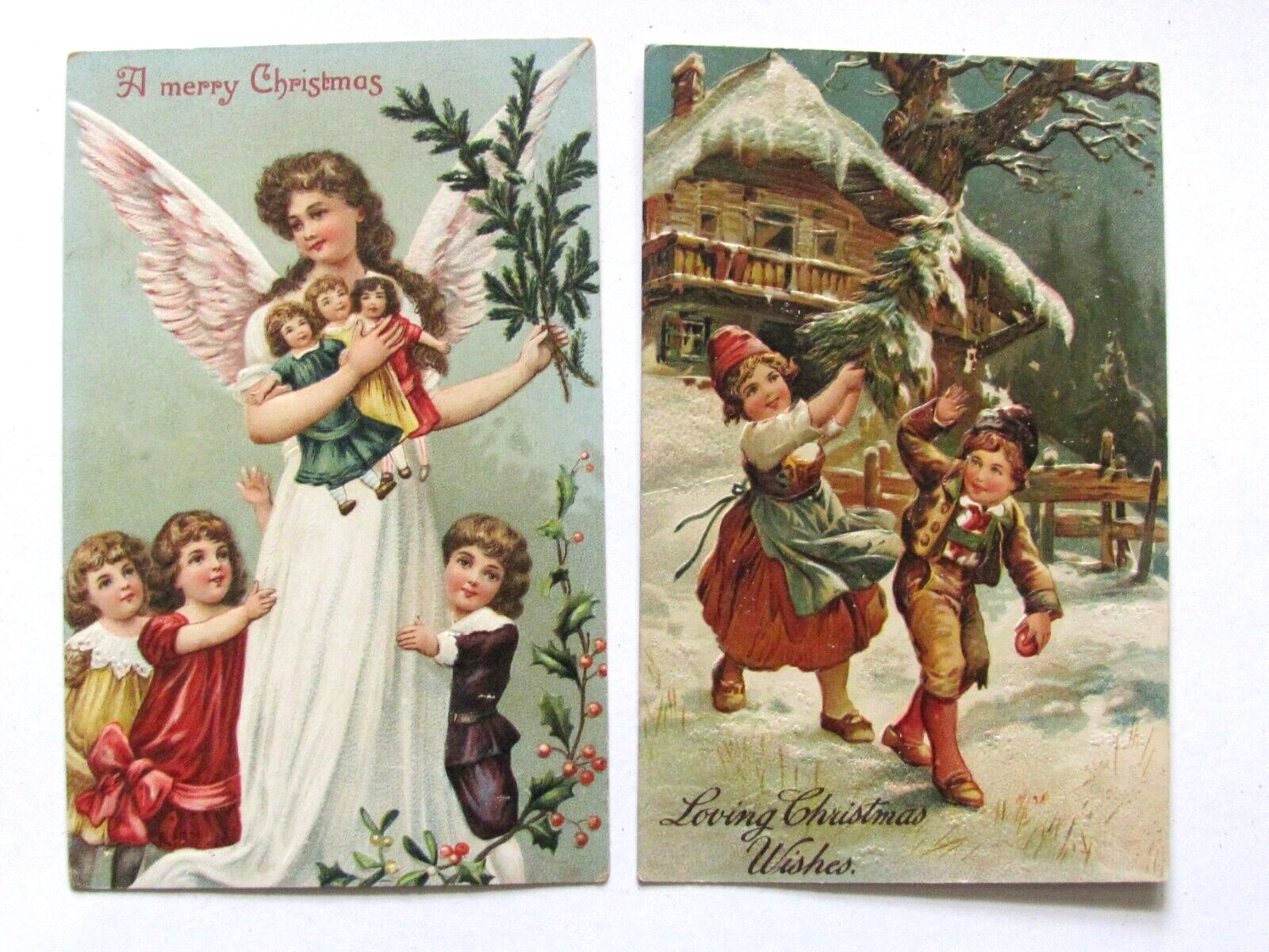 1910\'S 2 EMBOSSED CHRISTMAS POSTCARDS ANGEL KIDS TOYS AND TREE