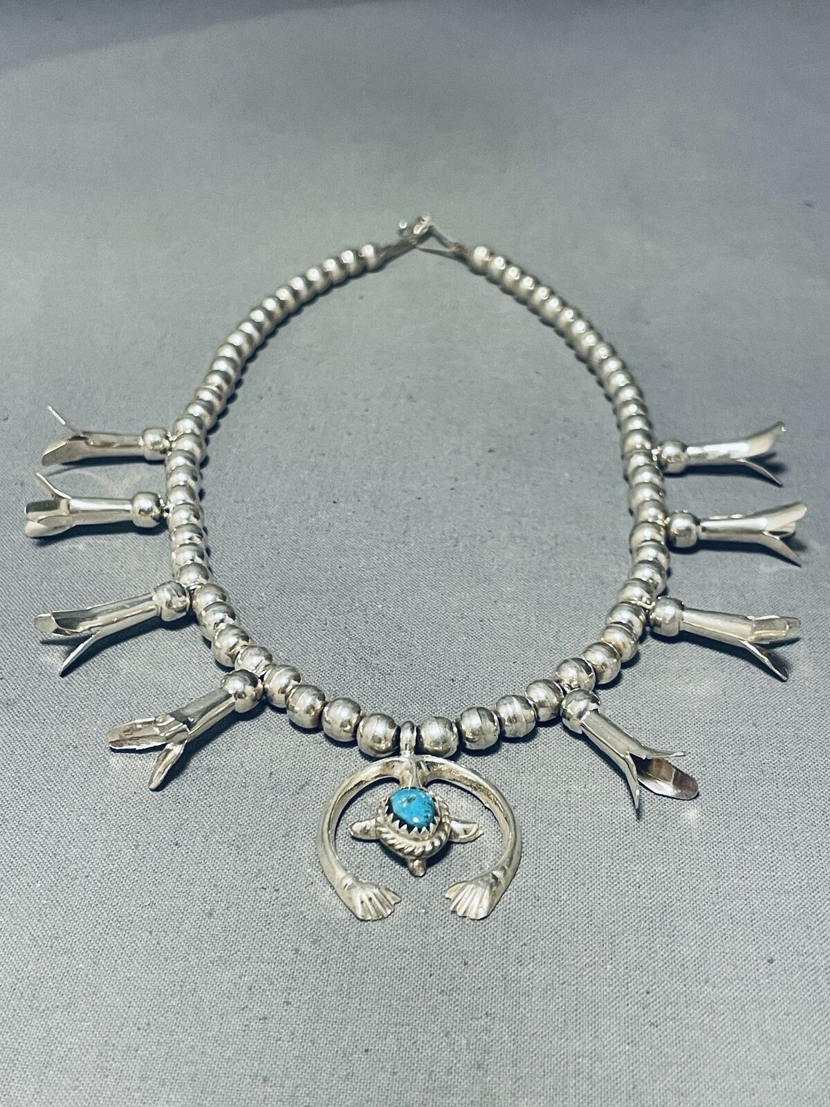 DROPDEAD FAB VINTAGE NAVAJO TURQUOISE STERLING SILVER SQUASH BLOSSOM NECKLACE
