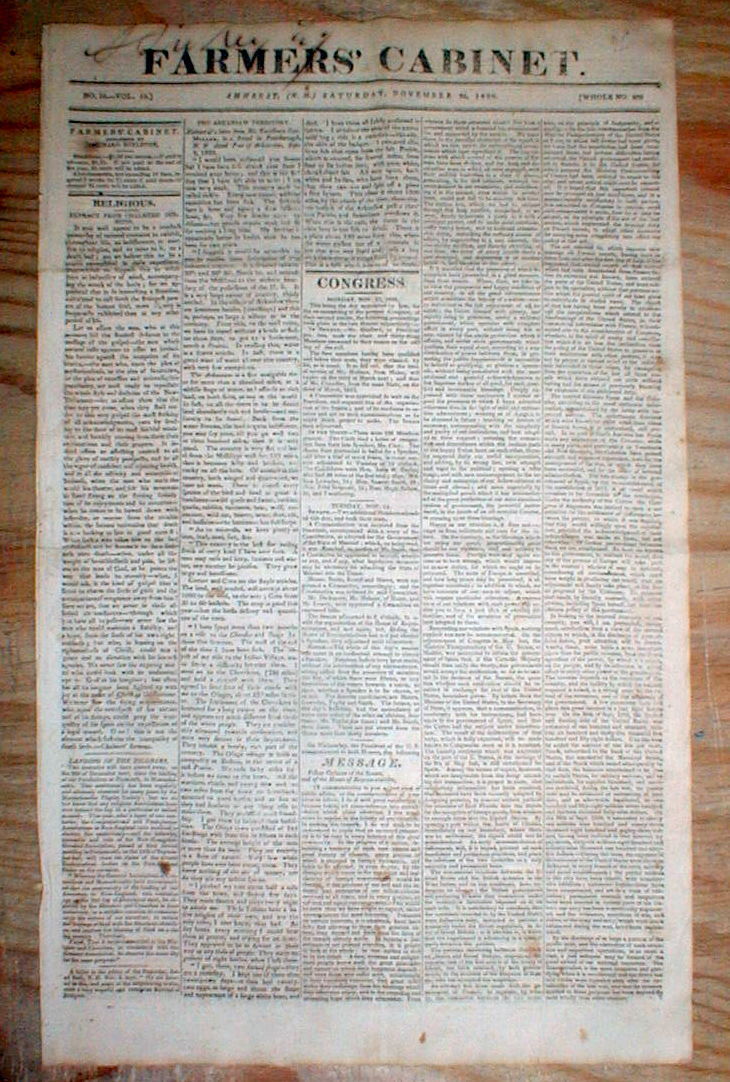 1820 newspaper with front page printing JAMES MONROE State of the Union Address