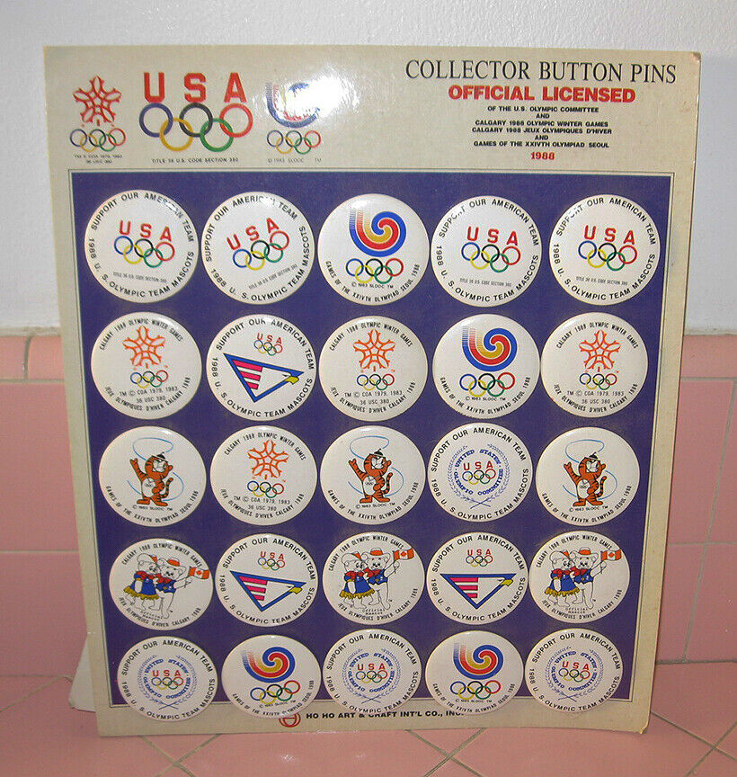 1988 US Olympic Buttons Original Sales Display Card 25 Pinbacks Seoul Calgary
