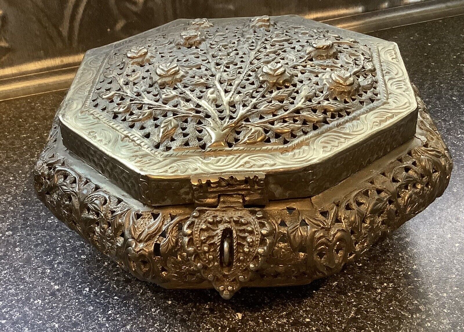 Ornate Metal Floral Footed Hinged Trinket Box