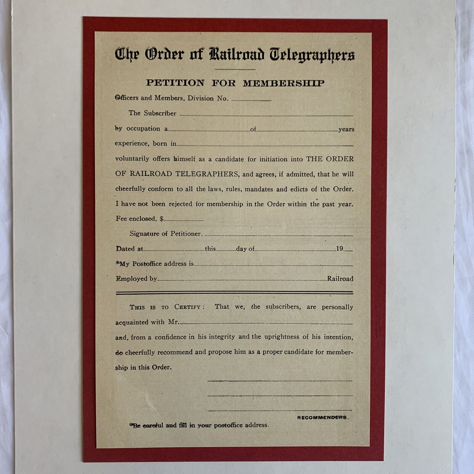 Order of Railroad Telegraphers Petition for Membership Original Blank Form