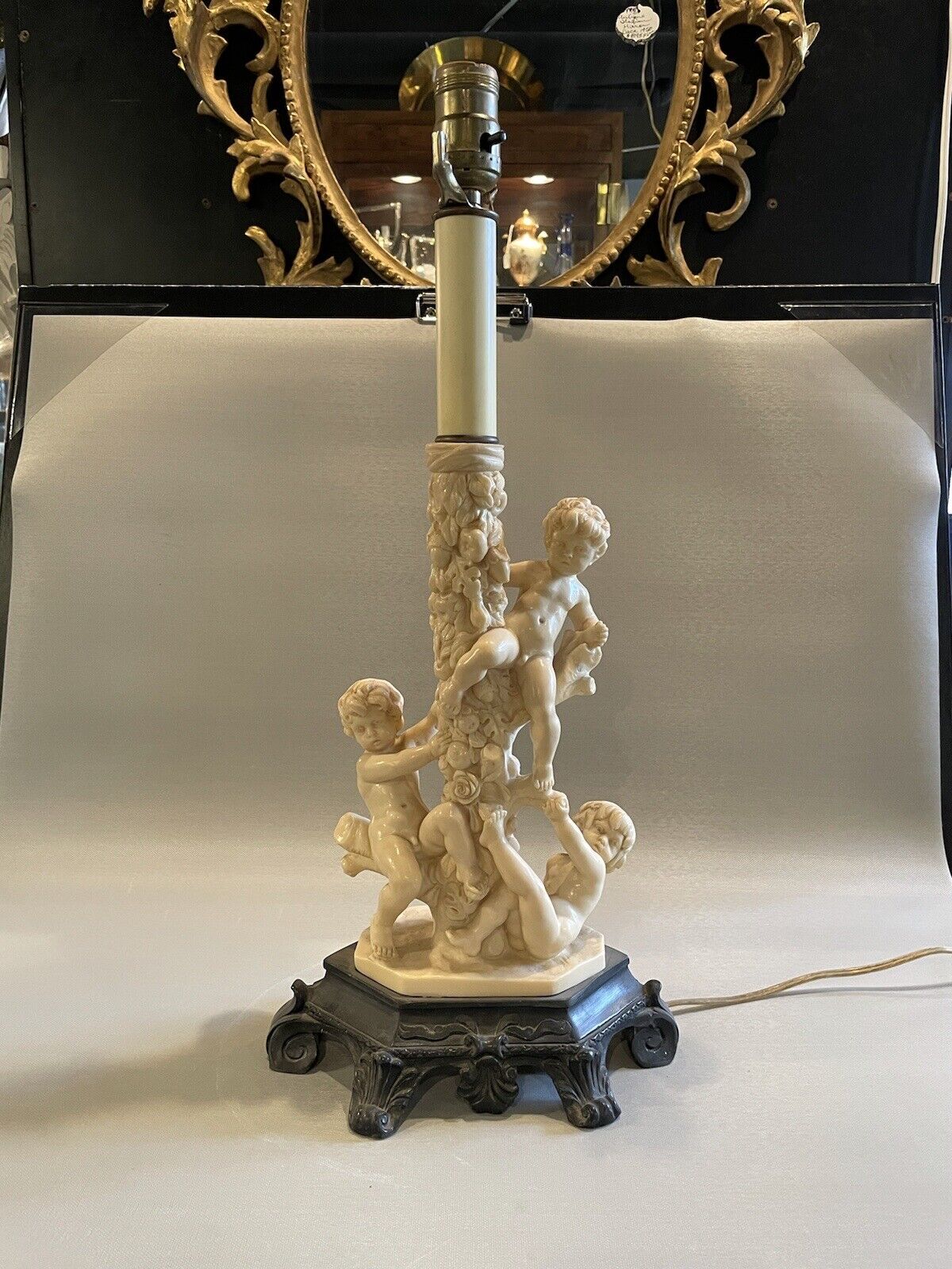 Vintage Cast Resin Neo Classical Putti Table Lamp 