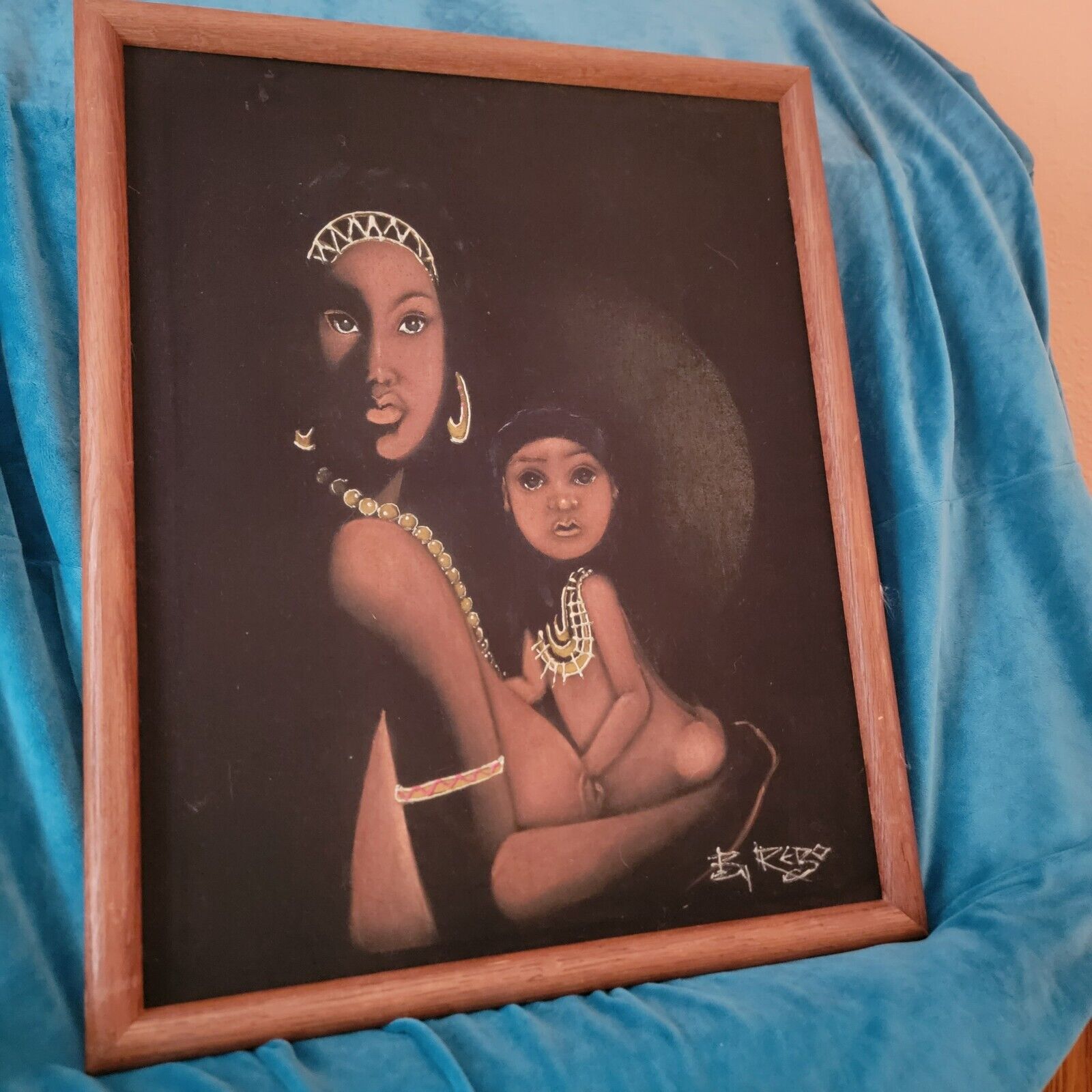 VTG Black Velvet Painting Beautiful African Queen Woman & Child 17 x 21 Signed
