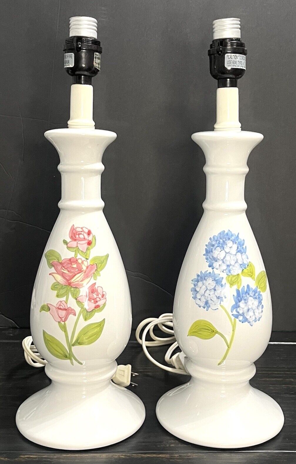 VTG Cottage Floral Nantucket Porcelain Lamp Set Hand Painted  Rose Hydrangeas