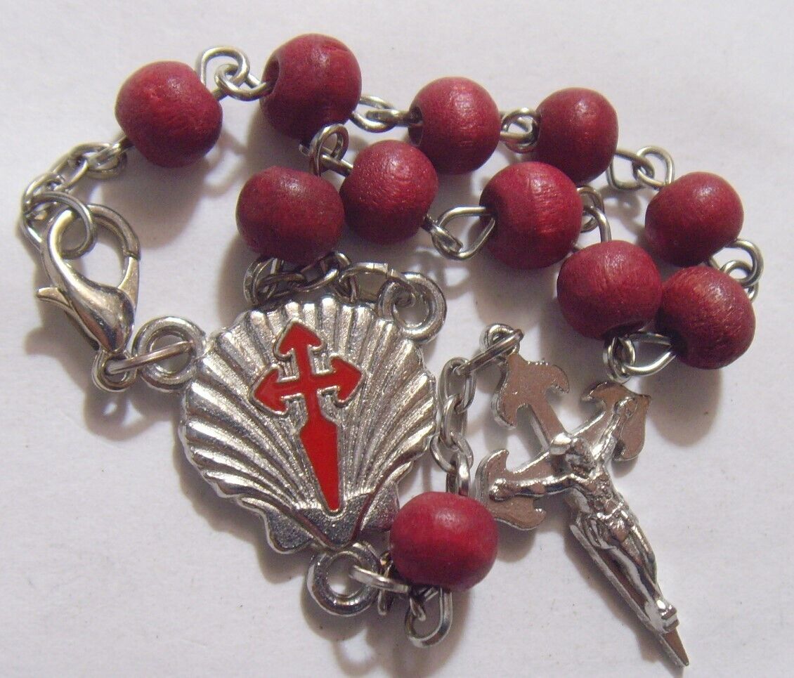 vintage catholic decade rosary Sacred Heart fleur de lis cross wood beads 53119