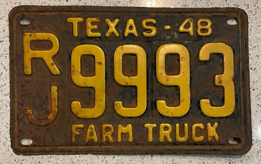 1946 Texas Farm Truck License Plate #RJ-9993 Yellow on Black