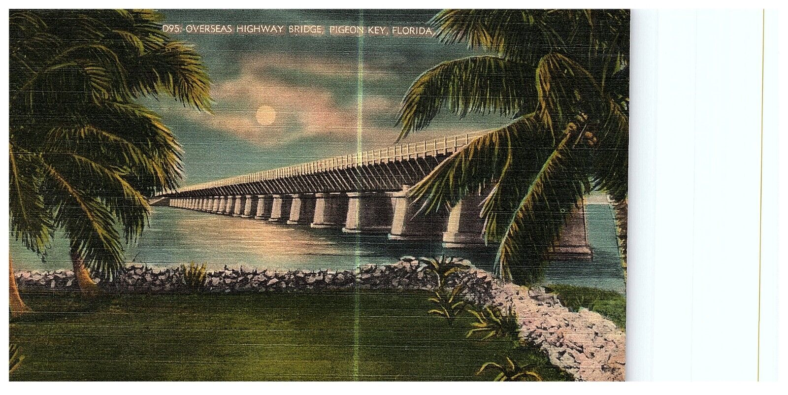 1940 Linen Postcard Pigeon Key FL Florida Moonlight Over Overseas Highway Bridge
