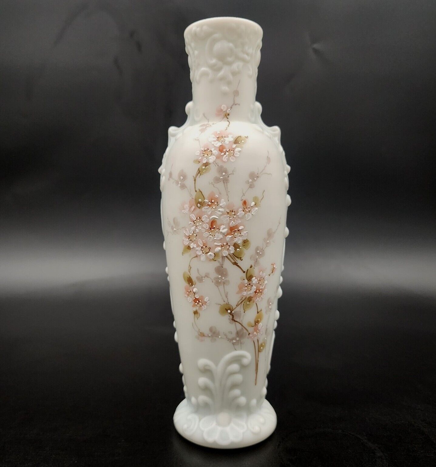 Antique C.F. Monroe Wave Crest Glass Vase Opaque Pink Flowers Vintage 10”H