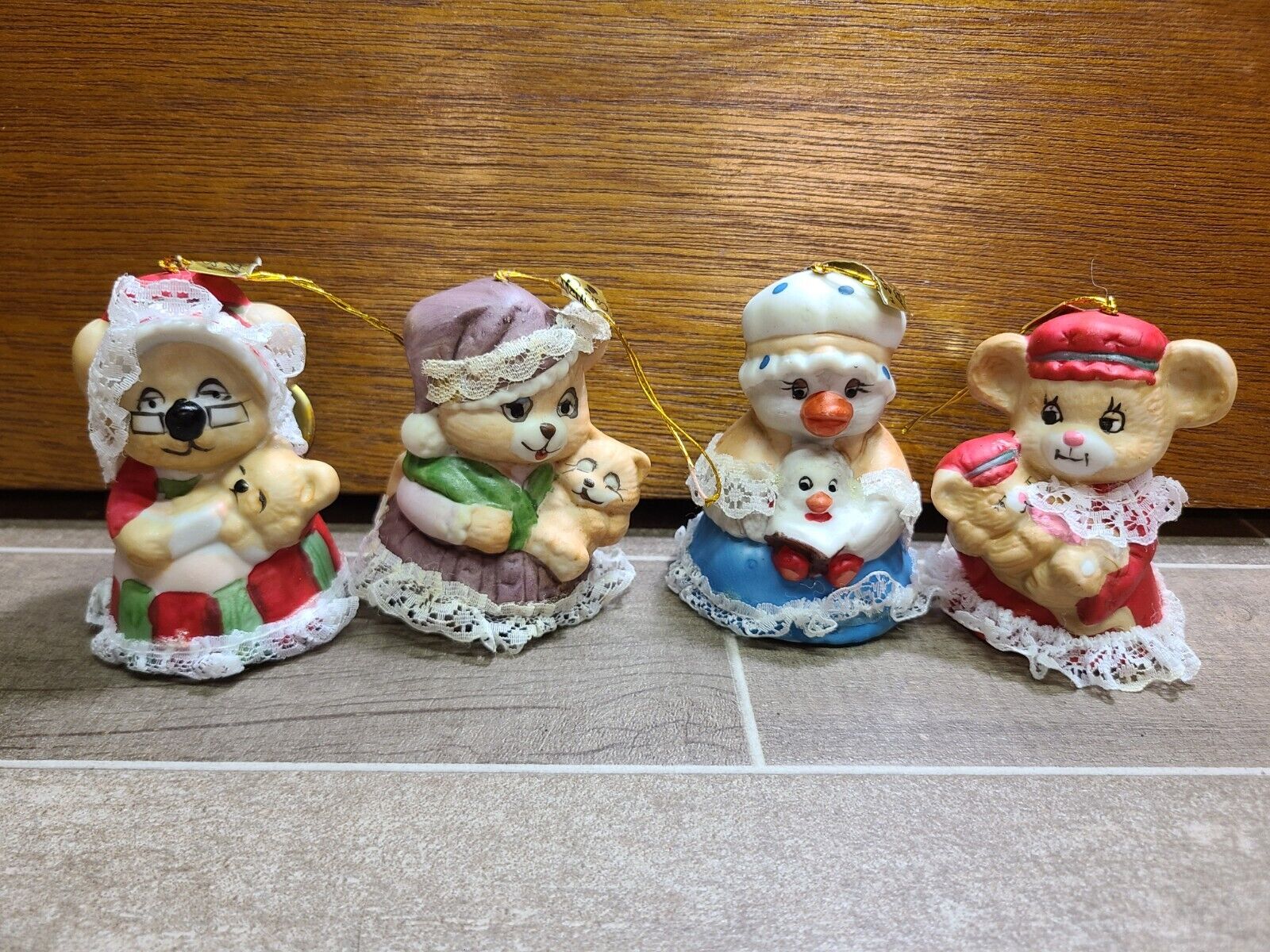 Set of 4  Vintage Caring Critter Chimer Bells Porcelain Christmas Ornaments