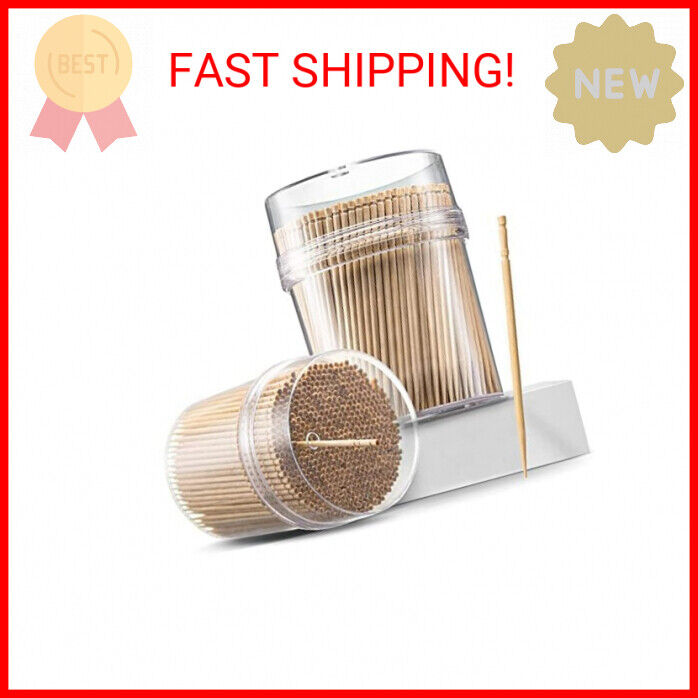 Prestee 2000ct Wooden Toothpicks + Reusable Toothpick Holder Container, Light