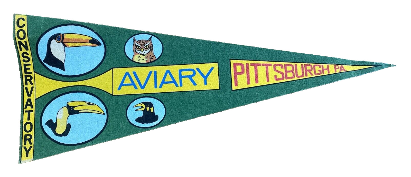 Vintage Pittsburgh Aviary Souvenir Travel 29 Inch Pennant w/ Toucan Owl Graphics