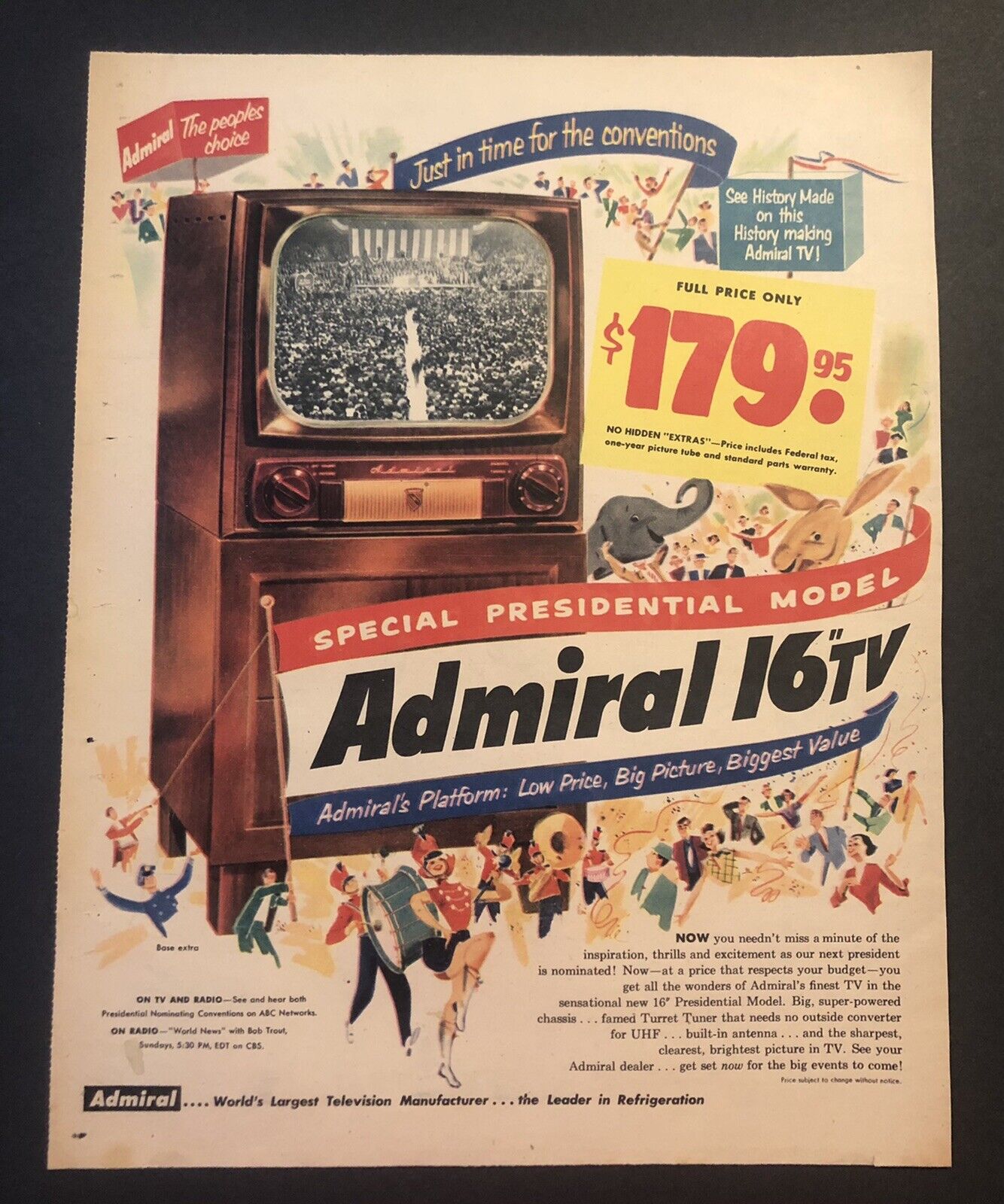 1950’s Admiral 16” Television TV Presidential Convention Political Magazine Ad