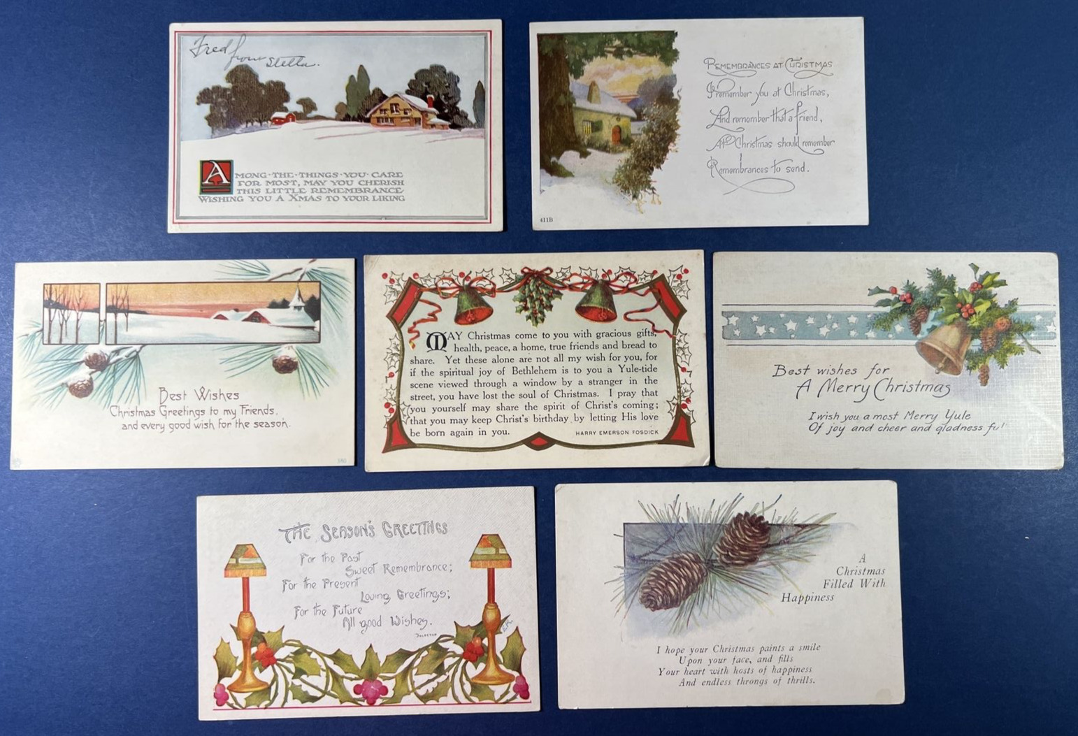 7 Mixture Christmas Antique Postcards. Snow Scenes. Bells. Houses. Messages