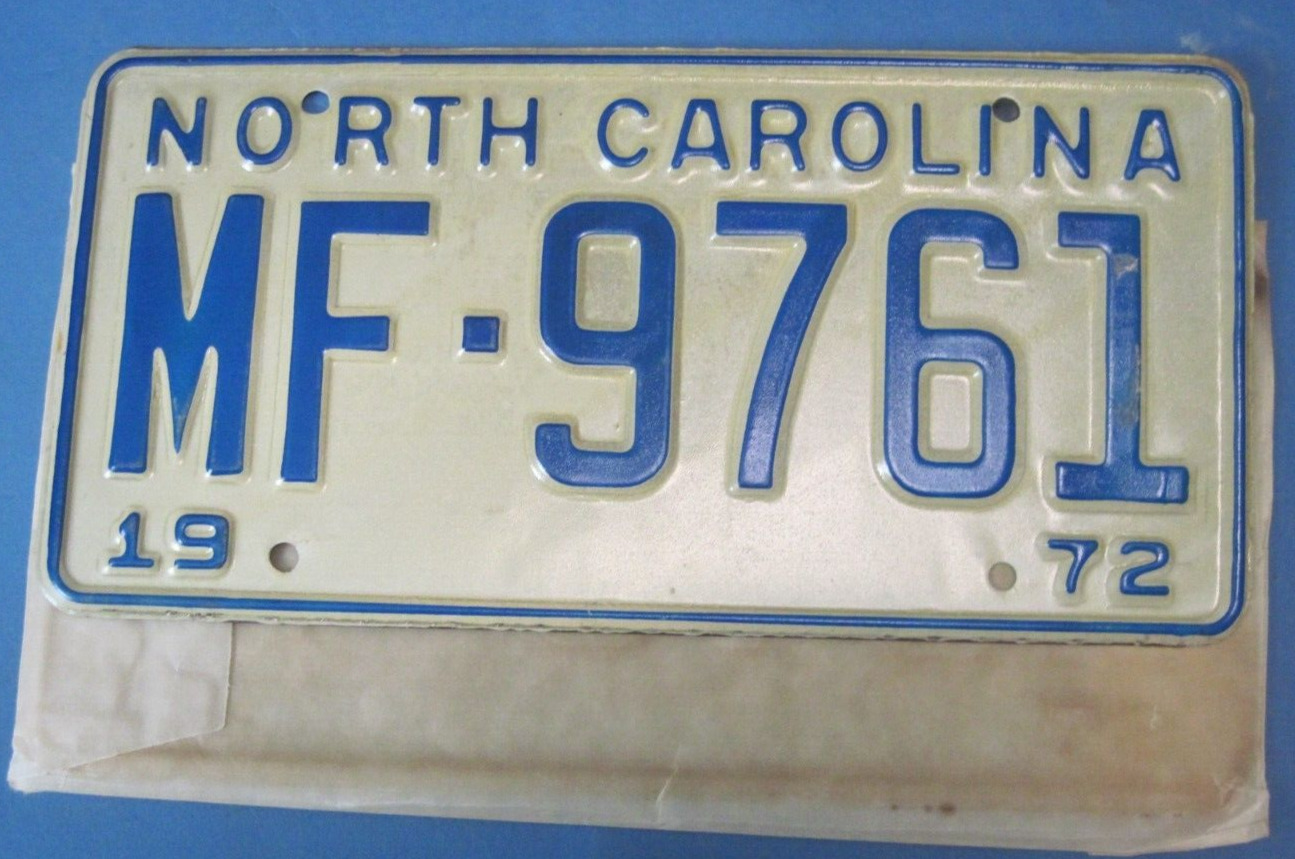 1972 North Carolina License Plate New in Wrapper never used