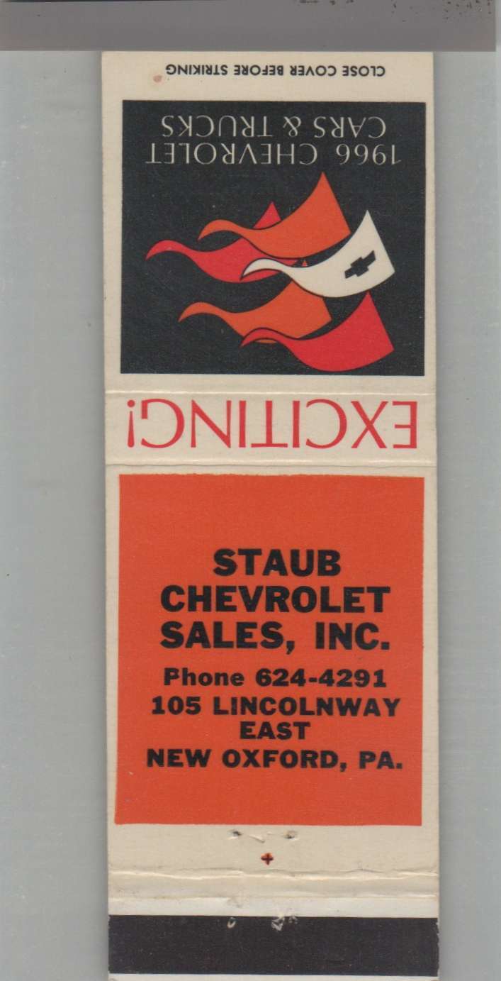 Matchbook Cover - 1966 Chevrolet Dealer Staub Chevrolet Sales New Oxford, PA