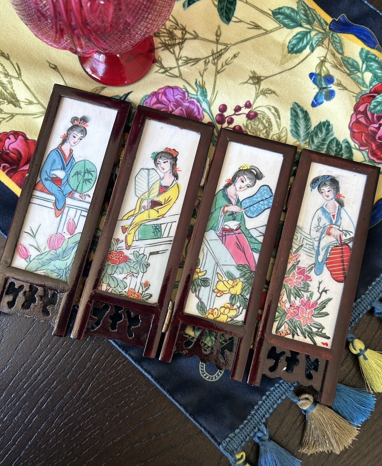 Vintage Chinese Ceramic Tile And Wood 2 Sided Folding Screen Birds & Geishas
