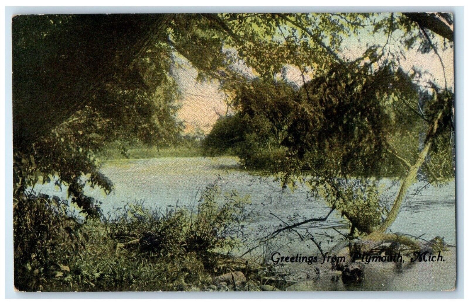 1912 Greetings From Plymouth Michigan MI, River View Posted Vintage Postcard