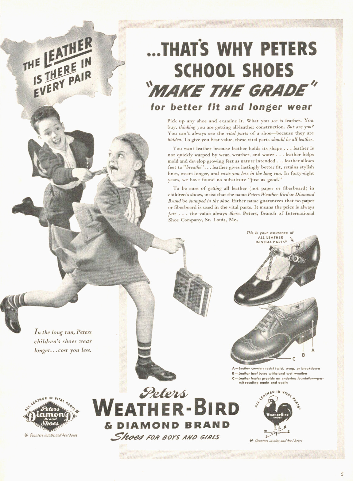 1941 WWII era WEATHER BIRD shoes boys and girls vintage PRINT AD school leather