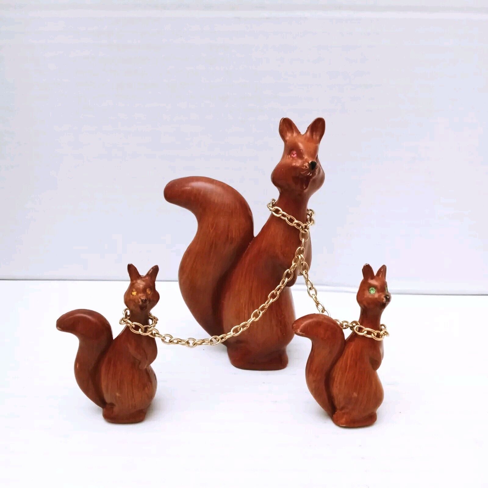 Vintage Mid Century Squirrel Family Figurine Chain Leash Rhinestone Eyes