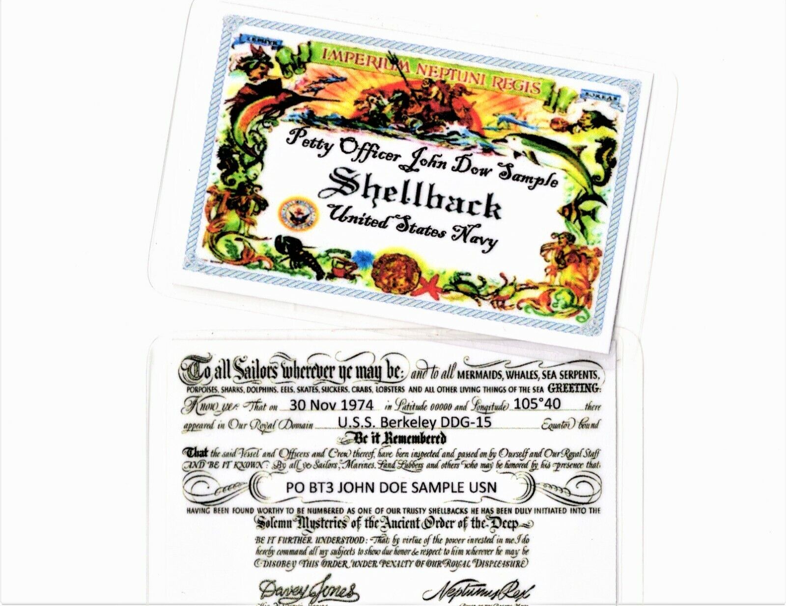 United States Navy and Marine Corps Shellback Shell Back Laminated ID Card 
