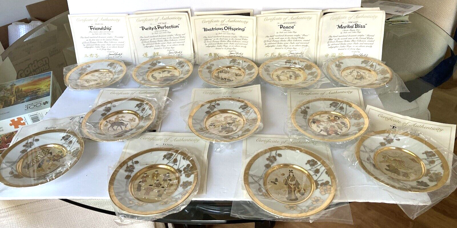 12 Japanese Chokin Plates 23k Gold Eternal Wishes of Good Fortune