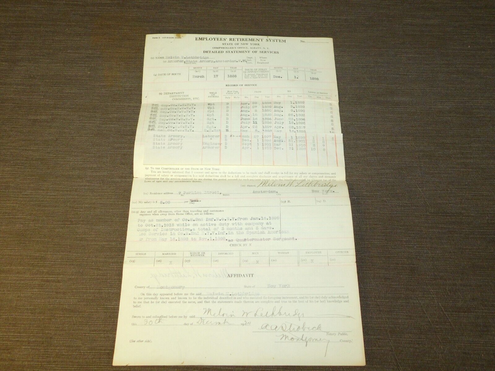 VINTAGE 1920 NGNY SOLDIER VETERAN EMPLOYEES RETIREMENT SYSTEM STATEMENT