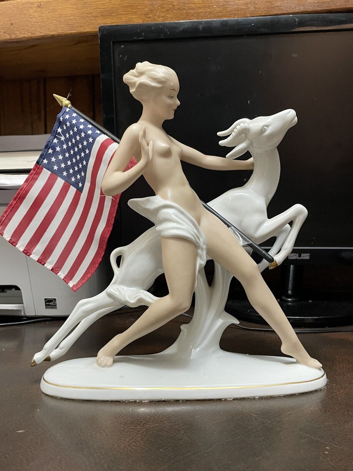 Porcelain Statue of Female Figure With Leaping Ibex By wallendorfer