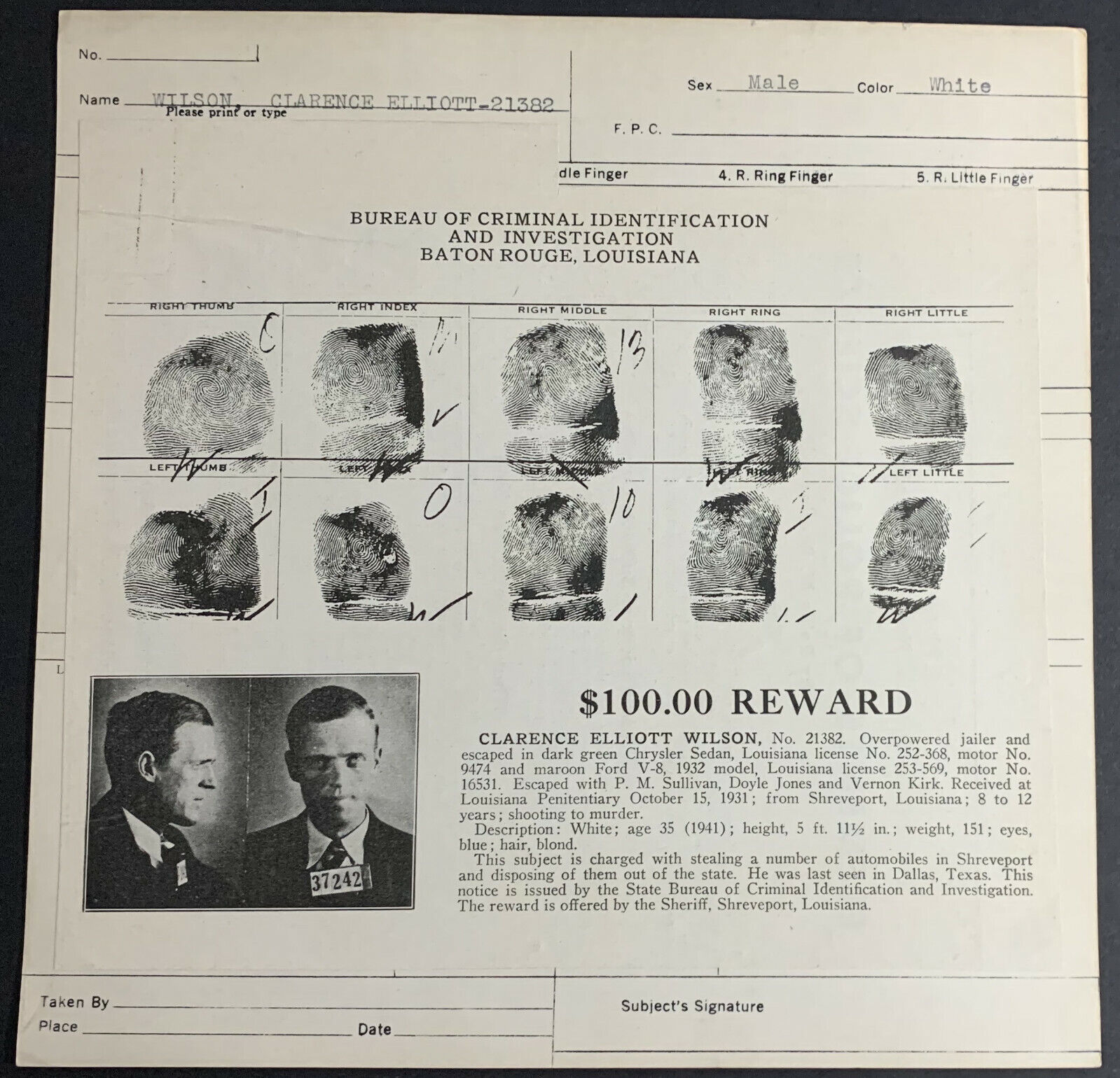 1941 CLARENCE WILSON NEW JERSEY & LOUISIANA ORIG. WANTED POSTER ESCAPED PRISONER