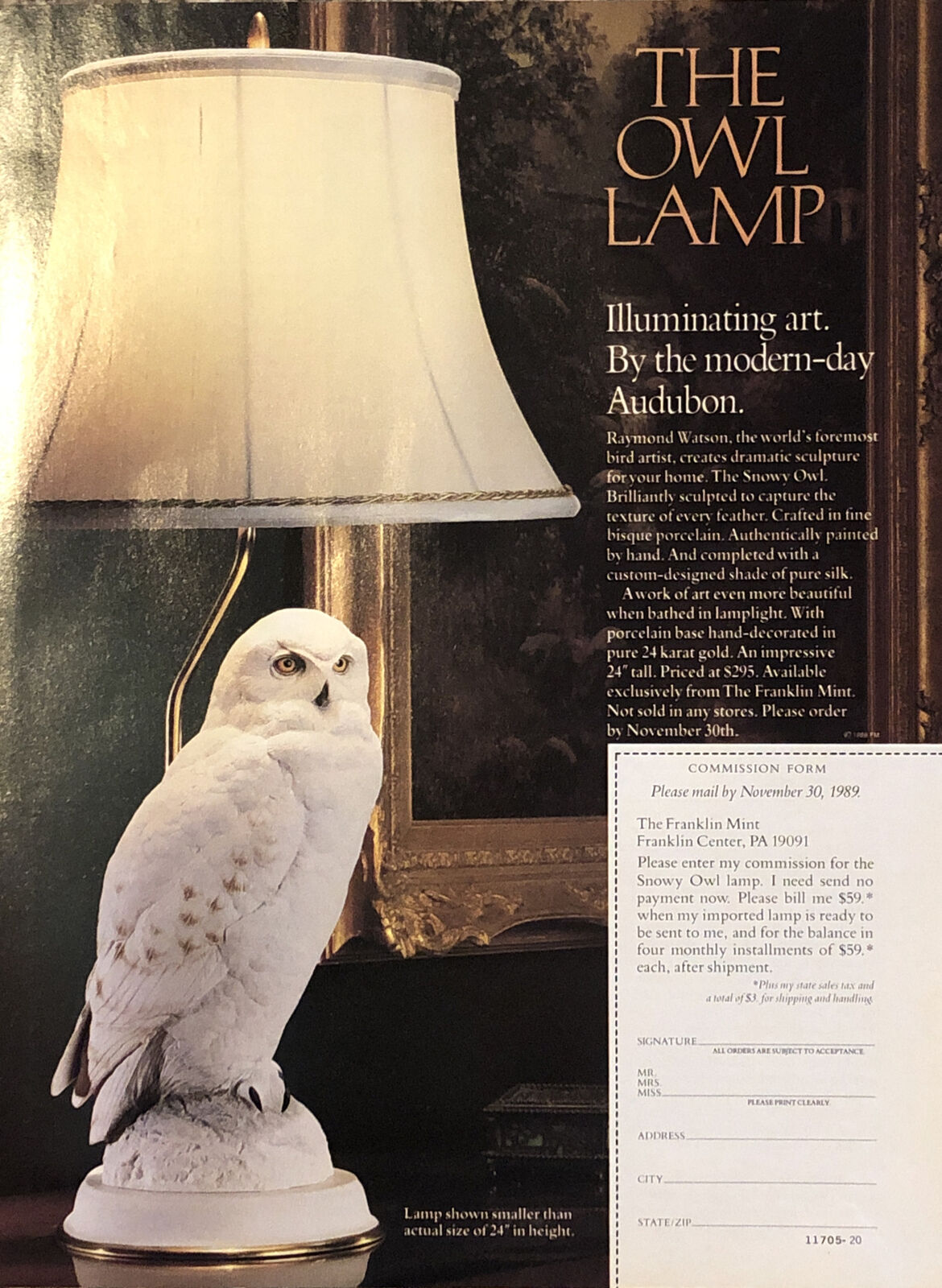 1989 Franklin Mint Owl Lamp VTG 1980s PRINT AD Illuminating Audubon Advertising