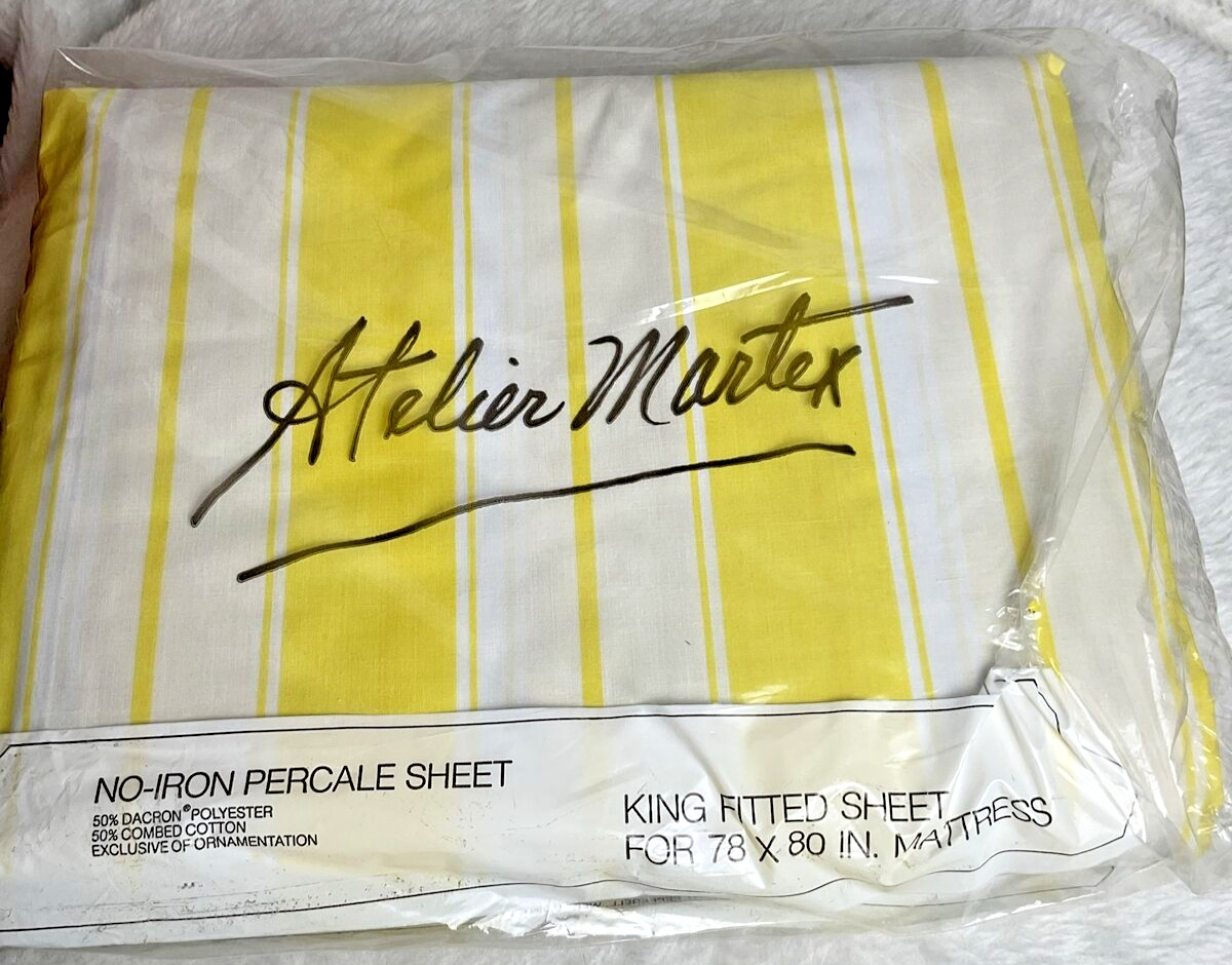 Vintage Atelier Martex King Size Fitted Sheet Yellow Stripe NOS Percale 