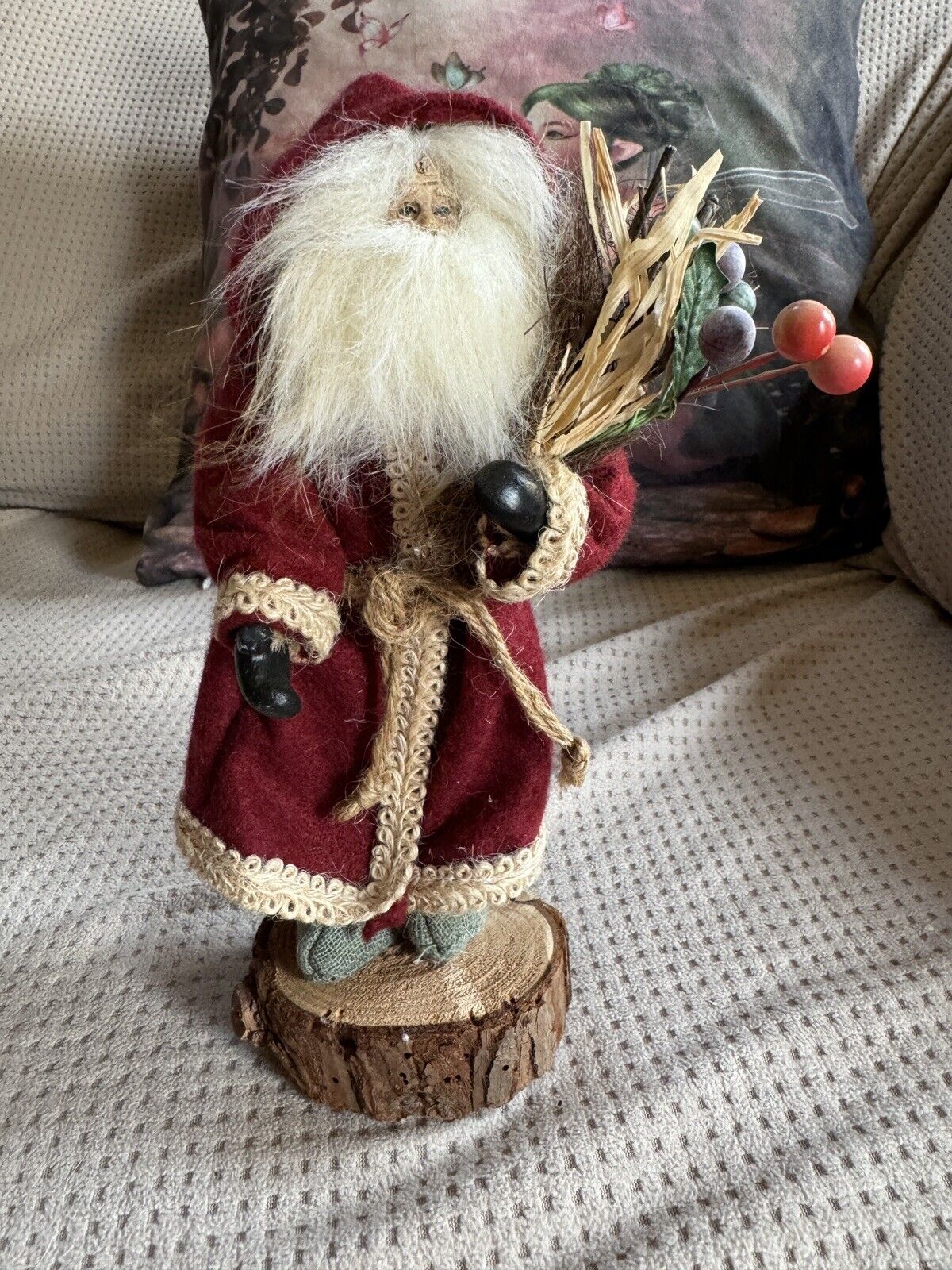 Hand Made Cloth Santa standing on Wood