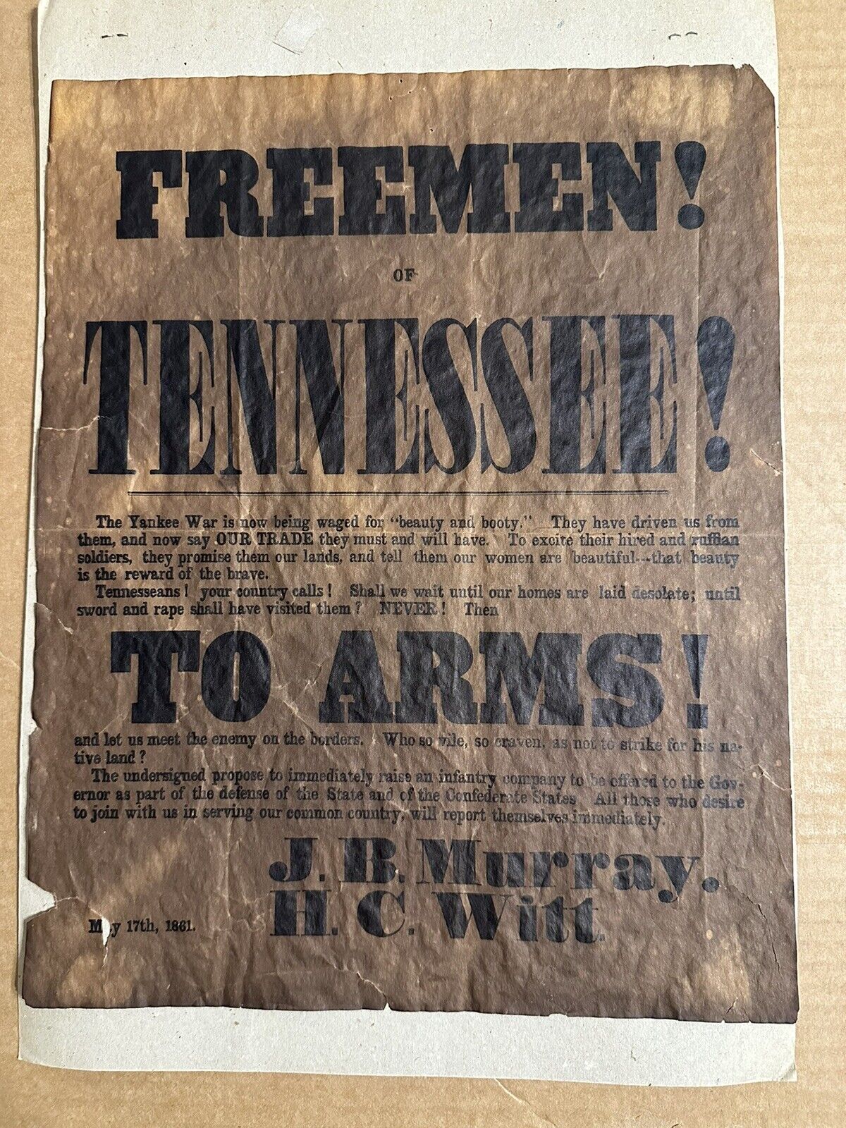1861 POSTER FREEMEN OF TENNESSEE - TO ARMS CIVIL WAR RECRUITING POSTER
