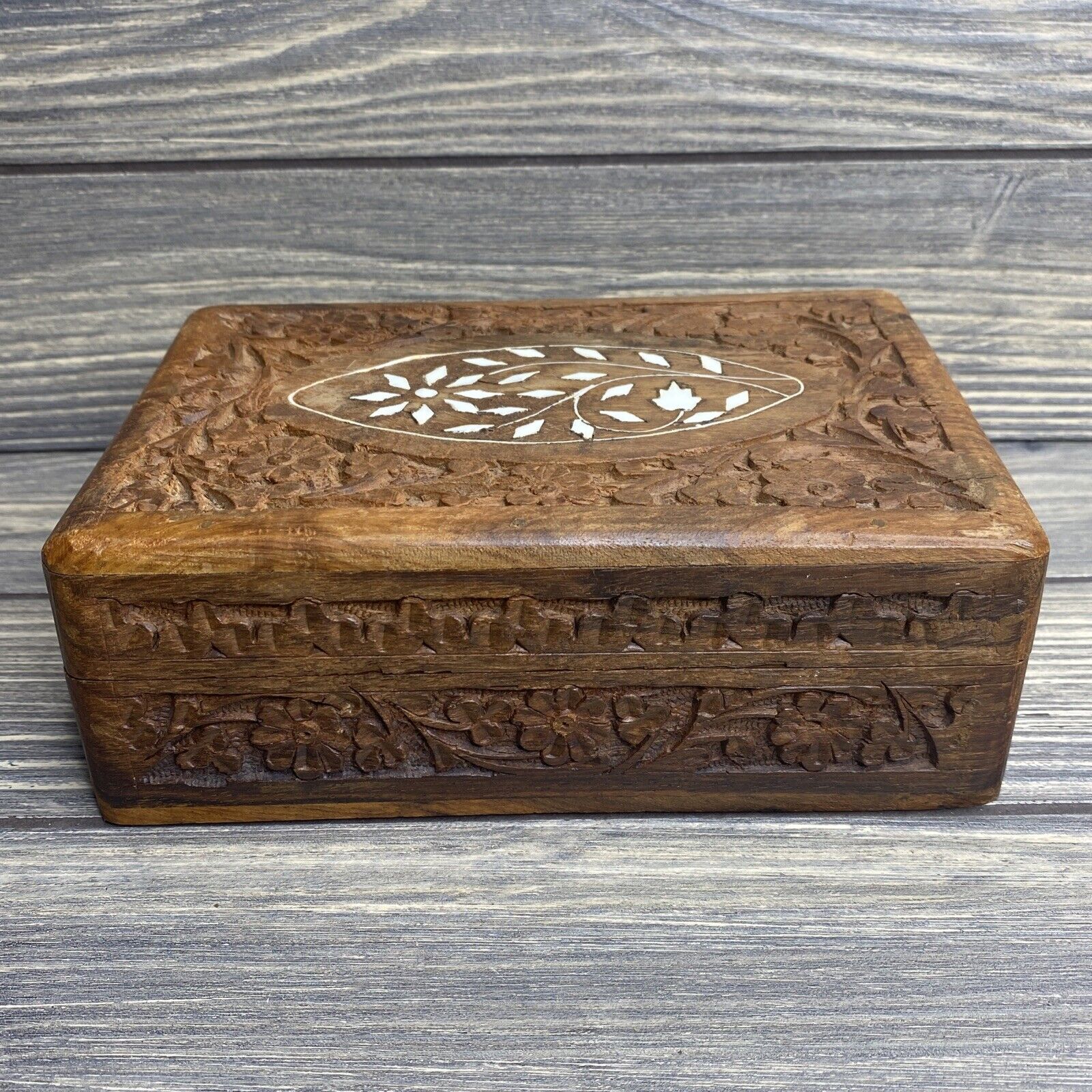 Vintage Hand Carved Wooden Box Floral Inlay Blue Felt Lined 7x4.5x2.5”