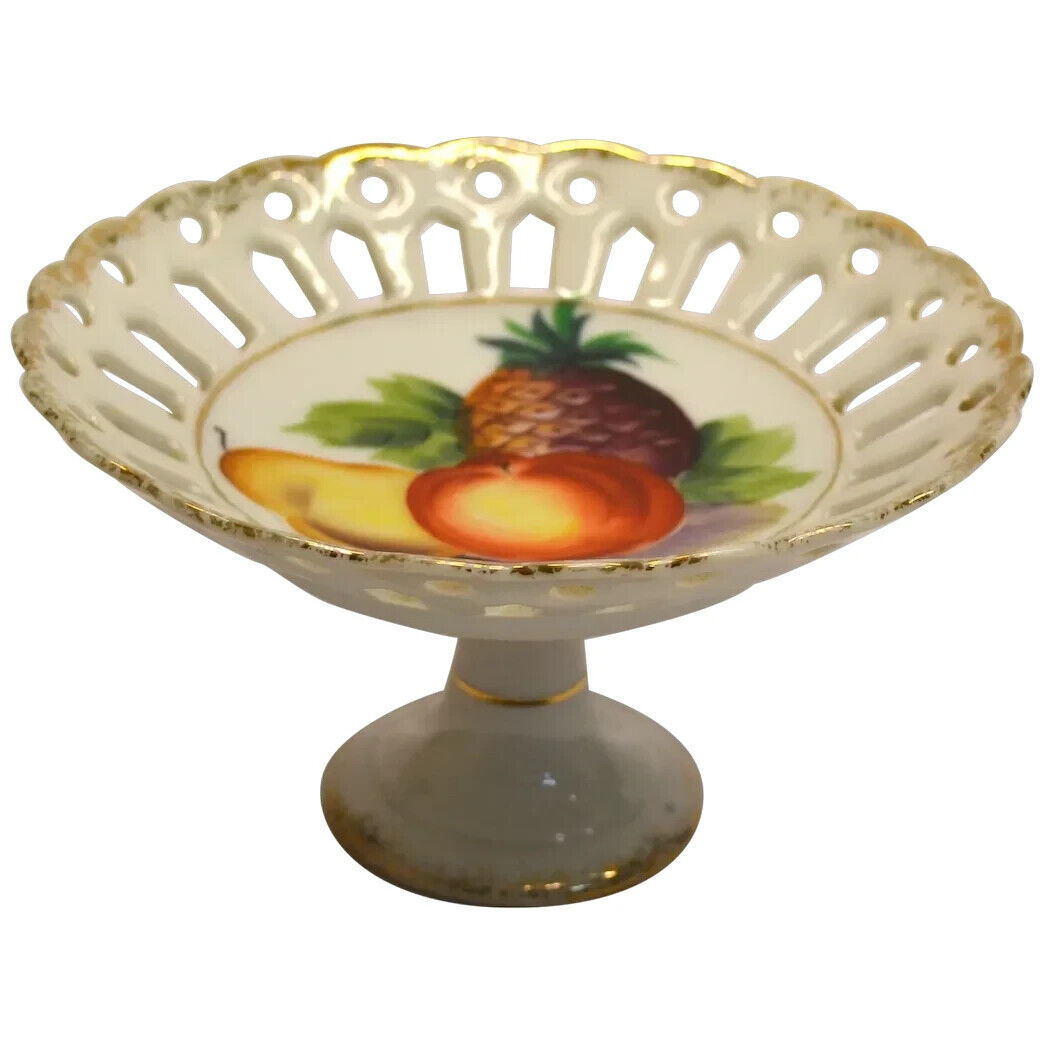 Small Vintage Reticulated Pedestal Plate With Fruit Motif