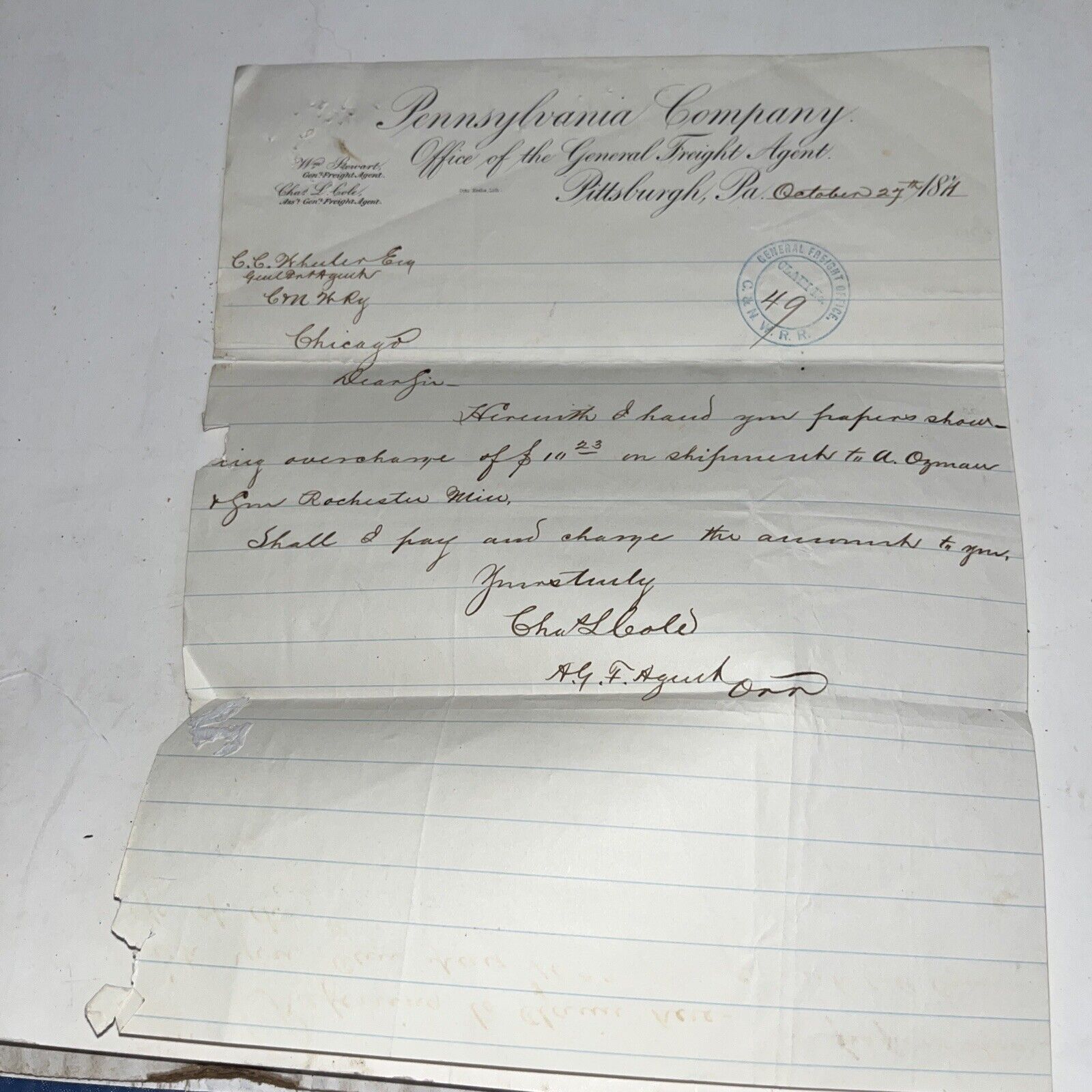 Antique 1871 Letter Pennsylvania Company Office of the General Freight Agent