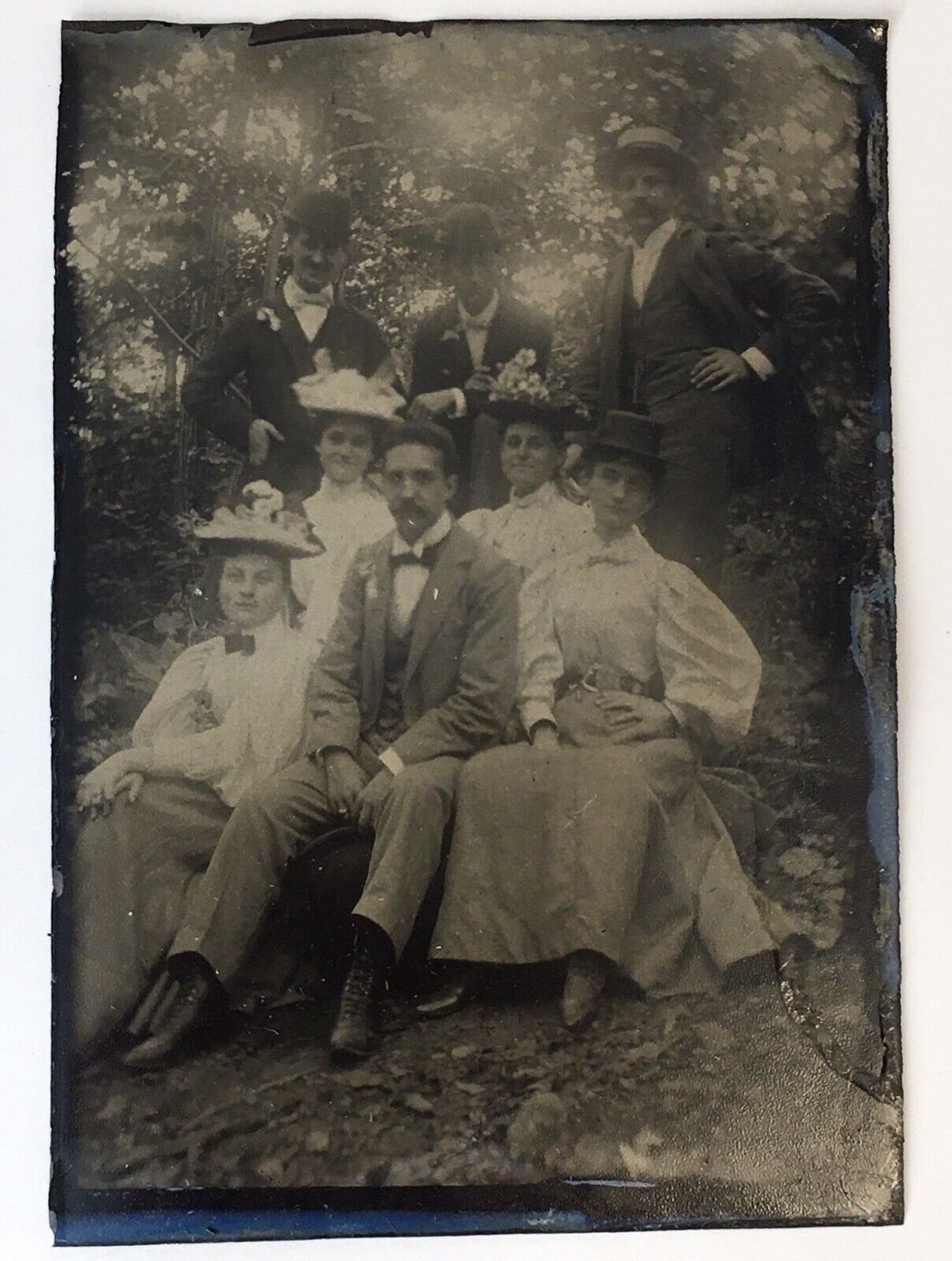 Antique Victorian Era Tintype Photo of Men and Lovely Ladies Outdoors Outside